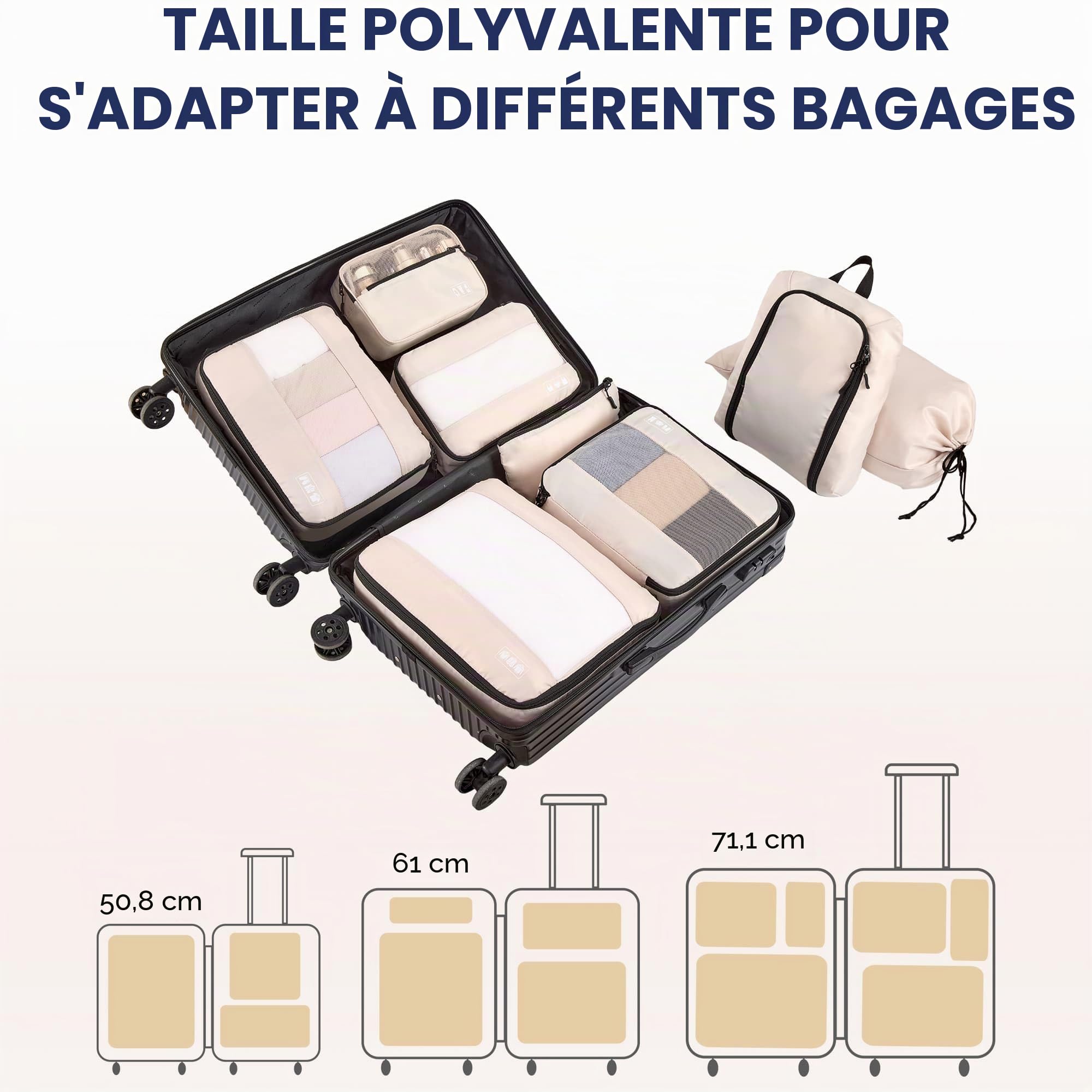 MURISE Organisateur de Valise 8 Pièces, Rangement Valise Organisateur pour les Voyages et les Vacances, Packing Cubes avec Sac à Chaussures et Sac à Cosmétiques, Voyage Accessoires, Beige