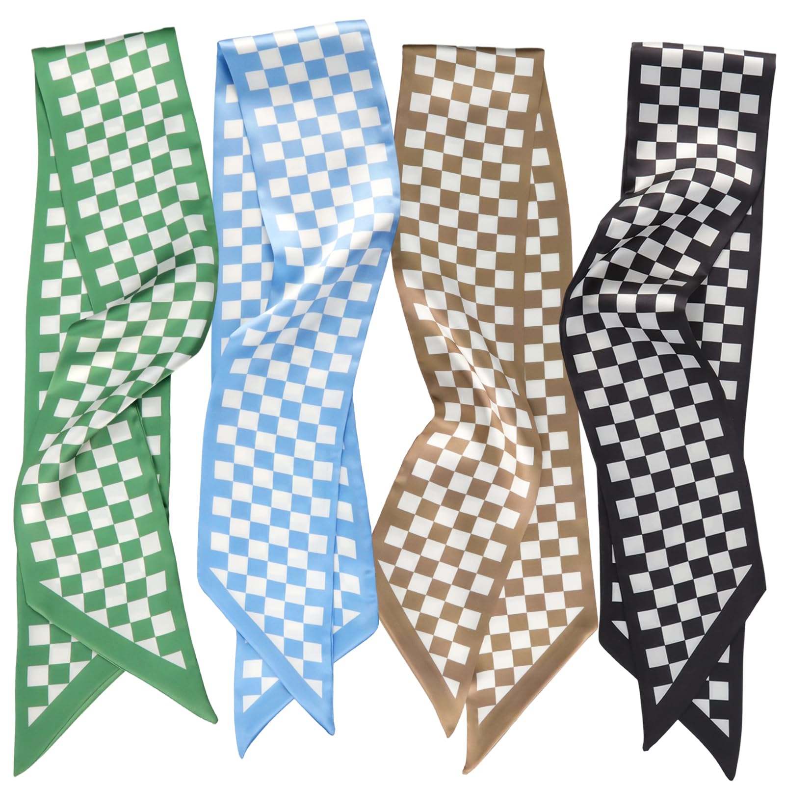4 Stück Schmales Halstuch,98x9.5cm Karomuster Bandana Haarschals für Damen,Boho Schal Haarband Fashion Accessories,Leichtes Mode Skinny Halstuch für Haare Hals Oder Tasche(Schwarz Braun Blau Grün)