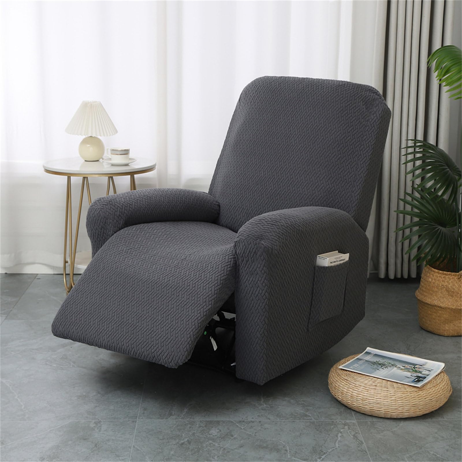 Hearda Funda para Sillón Relax Reclinable, Jacquard Funda de Sillón Relax Funda Elástica para Sillón Reclinable 4 Piezas con Bolsillos Laterales Funda Sofá 1 Plaza Reclinable Extraíble (Gris Oscuro)