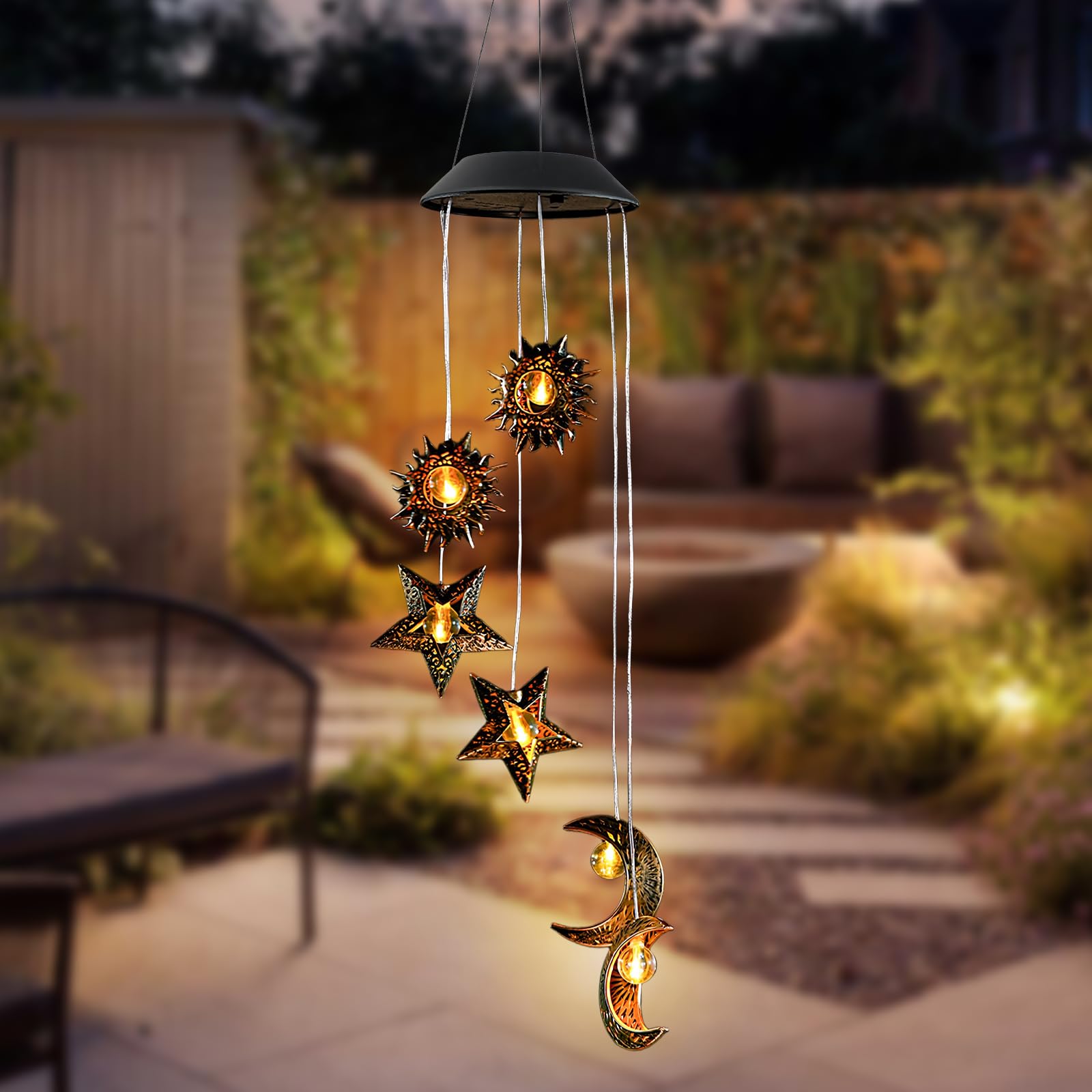 Campane a Vento Solari Esterno LED – Luci Solari Decorazioni da Giardino con Sole Luna Stelle – Impermeabili, Scacciapensieri da Appendere per Terrazzo Balcone Patio Giardino