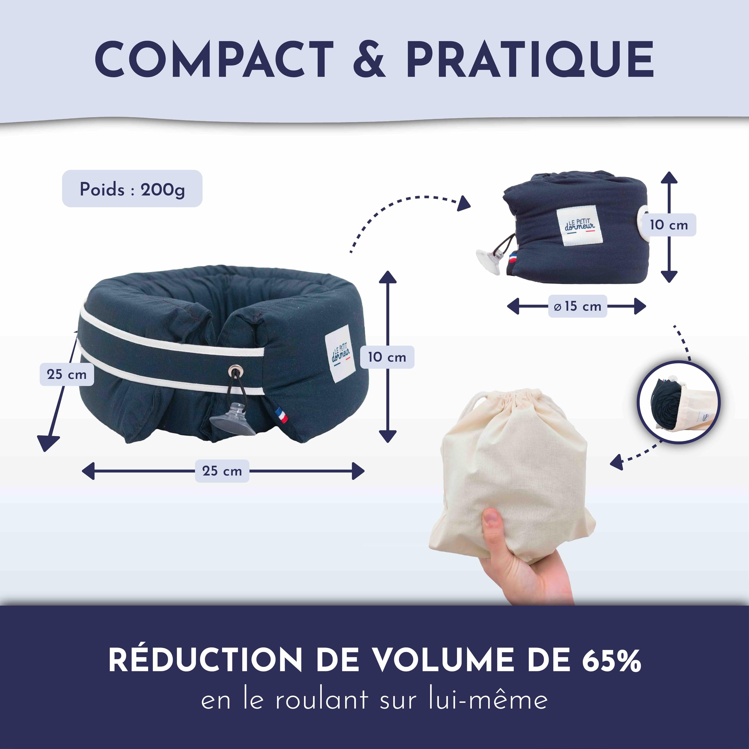 Coussin de Voyage Coussin Avion Ergonomique 3 en 1 - Oreiller de Voyage Ultra Confort - Pratique & Compact - Fabriqué en France - Lavable en Machine - Bleu Nuit
