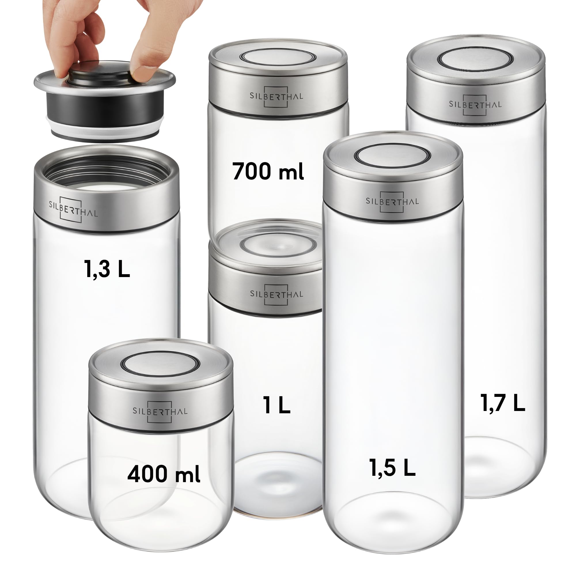 SILBERTHAL Set 6 Botes cocina almacenaje - Hermeticos y antipolillas - Vidrio y acero inoxidable - 1700ml 1500ml 1300ml 1000m 700ml y 400ml - Versión mejorada, ahora apilables - Tarros despensa