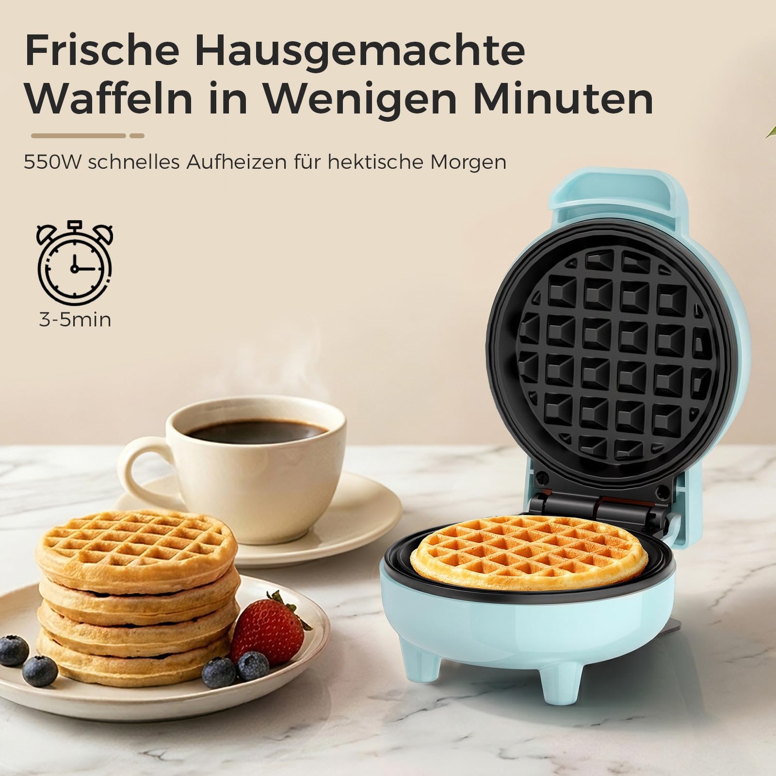 YASHE Mini Waffeleisen, 550W Mini Waffelmaschine mit Antihaftbeschichtung, Kontrollleuchte, Cool-Touch-Griff, Kompaktes Waffeleisen für Frühstück, Desserts & Snacks, Blau