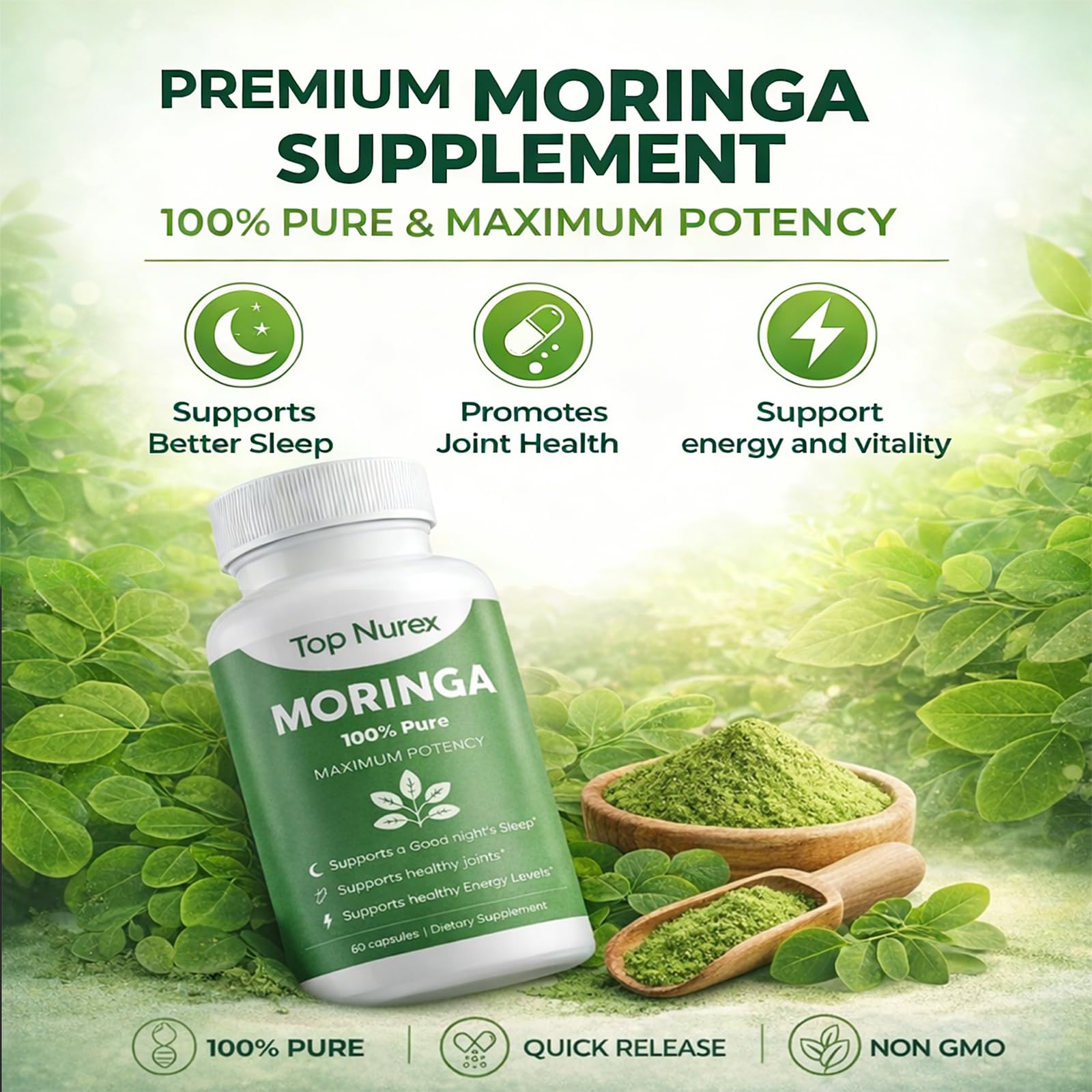Moringa Capsules - Natural Green Superfood Supplement for Sustained Energy, Immune Support & Digestive Wellness - Non-GMO, Vegan, 60Ct — Amazon image 4
