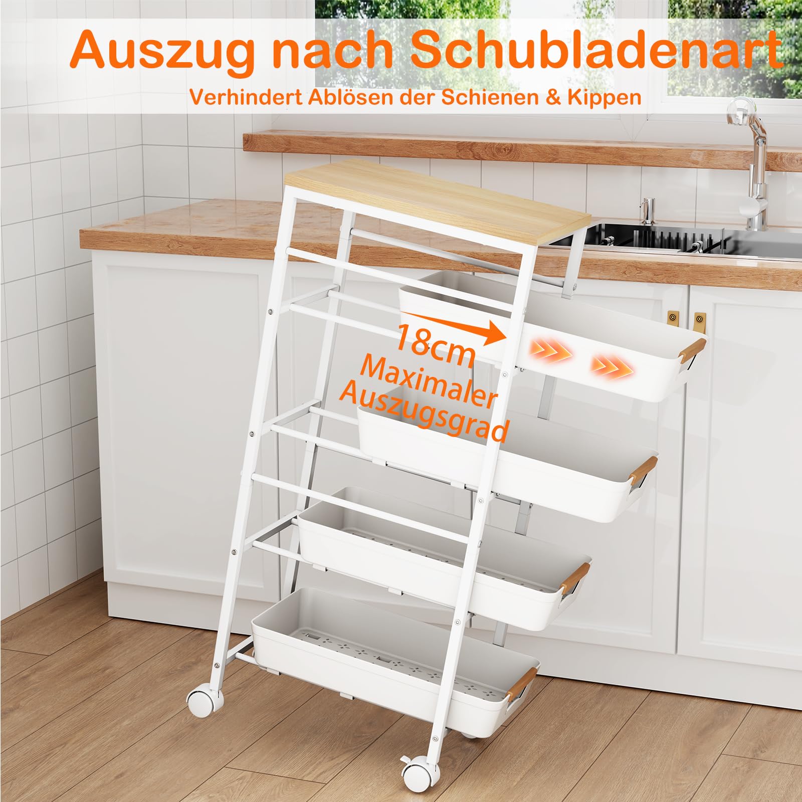 Küchenwagen mit 5 Ebenen & herausnehmbarer Schublade, Aufbewahrungswagen aus Metall mit Holzplatte, belüfteten Körben und Rollen, Snack-Organizer für Obst und Gemüse(32,5x36,5x82 cm, Weiß​​)
