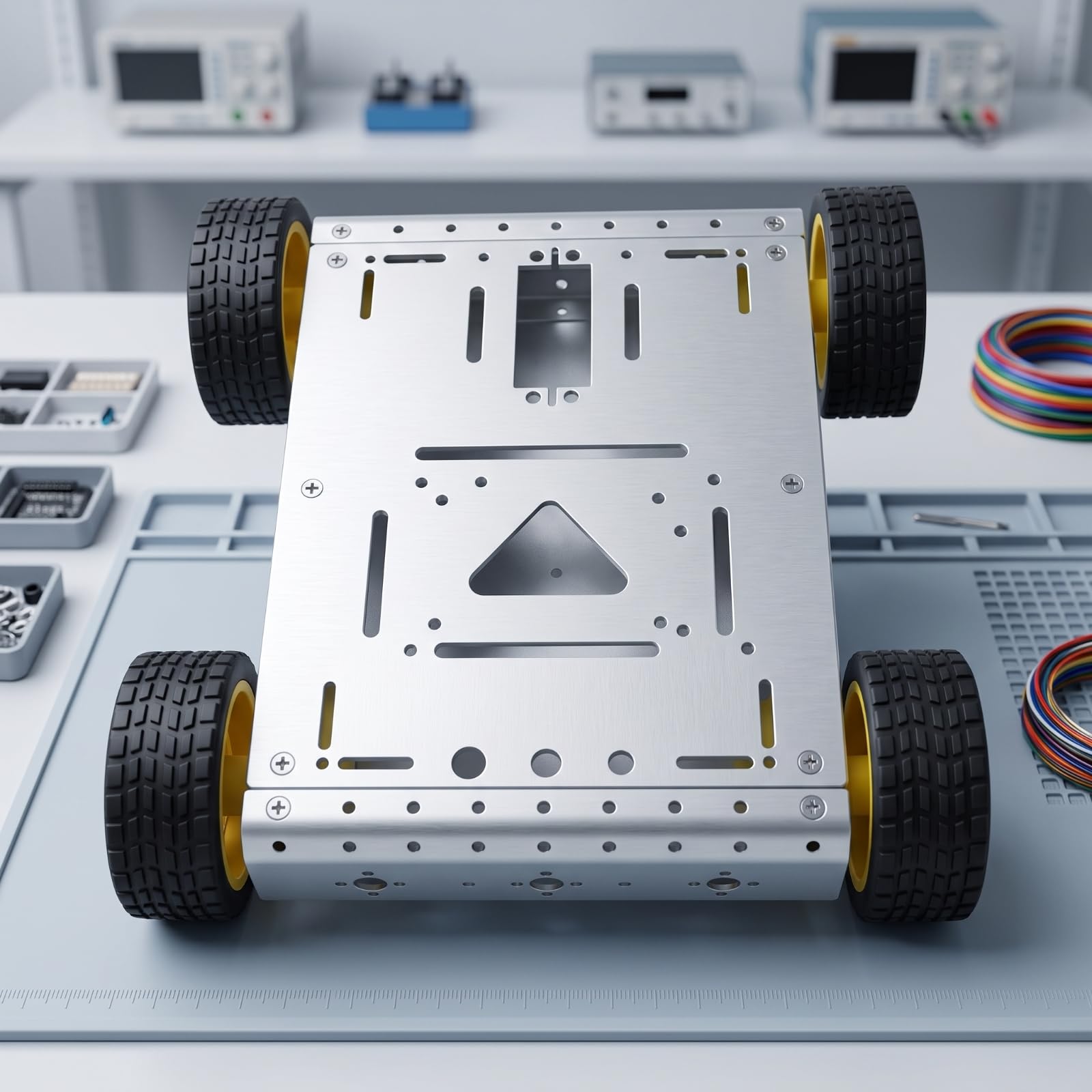 Amagogo Robótica 4WD Chasis de Coche Robot Base Móvil Bastidor de Aluminio Rectangular con Agujeros Compatible con Placas Sensores y Servos Ruedas de Goma, Plata