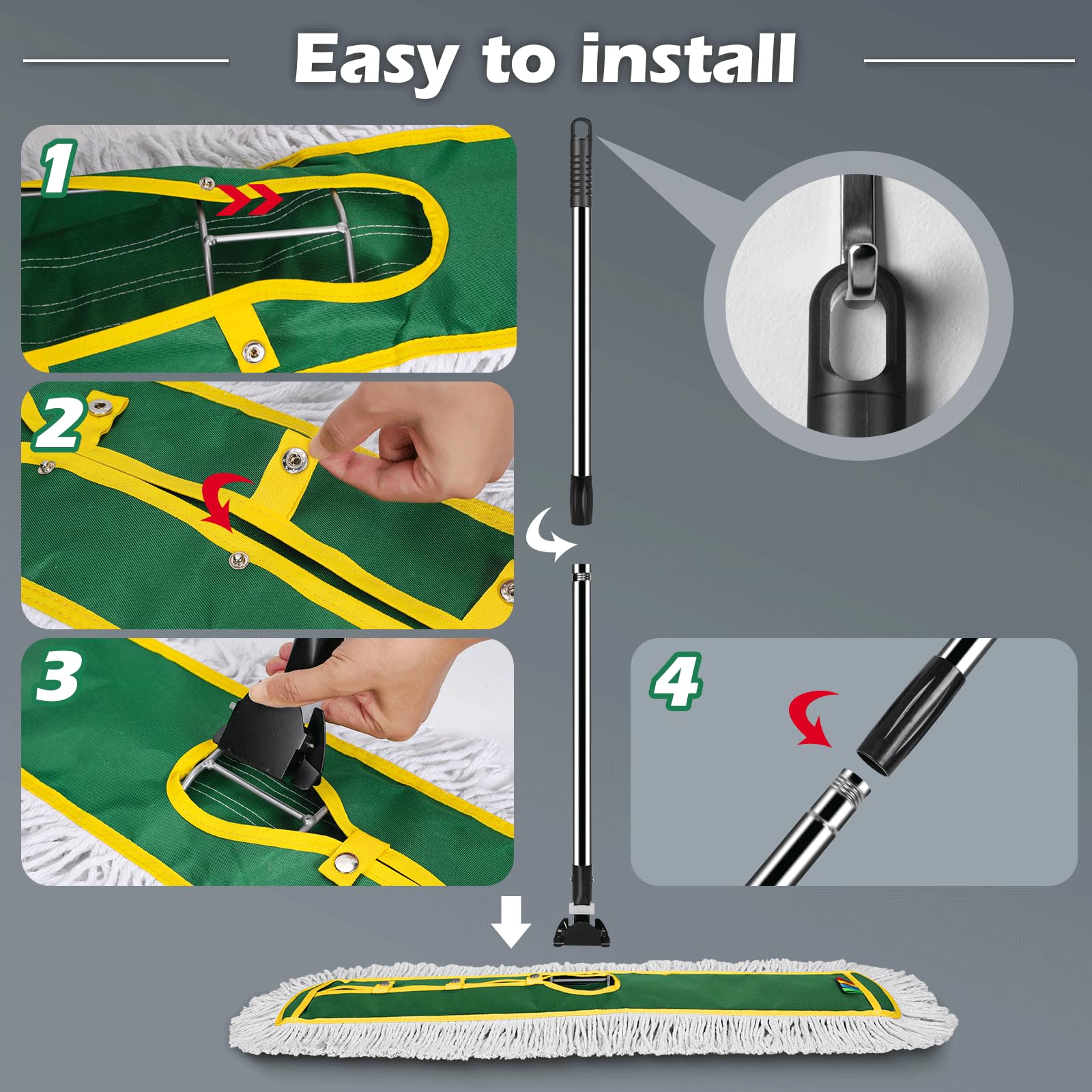 MASTERTOP Mocio piatto industriale, ampio mocio commerciale in microfibra per grandi aree, resistente per la pulizia dei pavimenti con 2 panni riutilizzabili, grande mocio antipolvere per magazzini