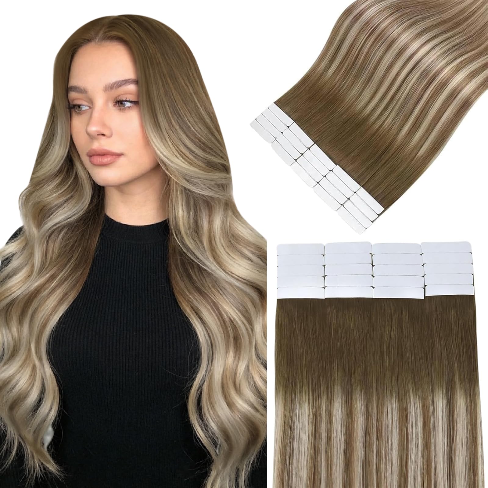 Easyouth Balayage Tape in Hair Extensions 20pcs Tape in Extension Human Hair Dark Brown Ombre Brown with Blonde, Real Human Hair Extension for Daily
