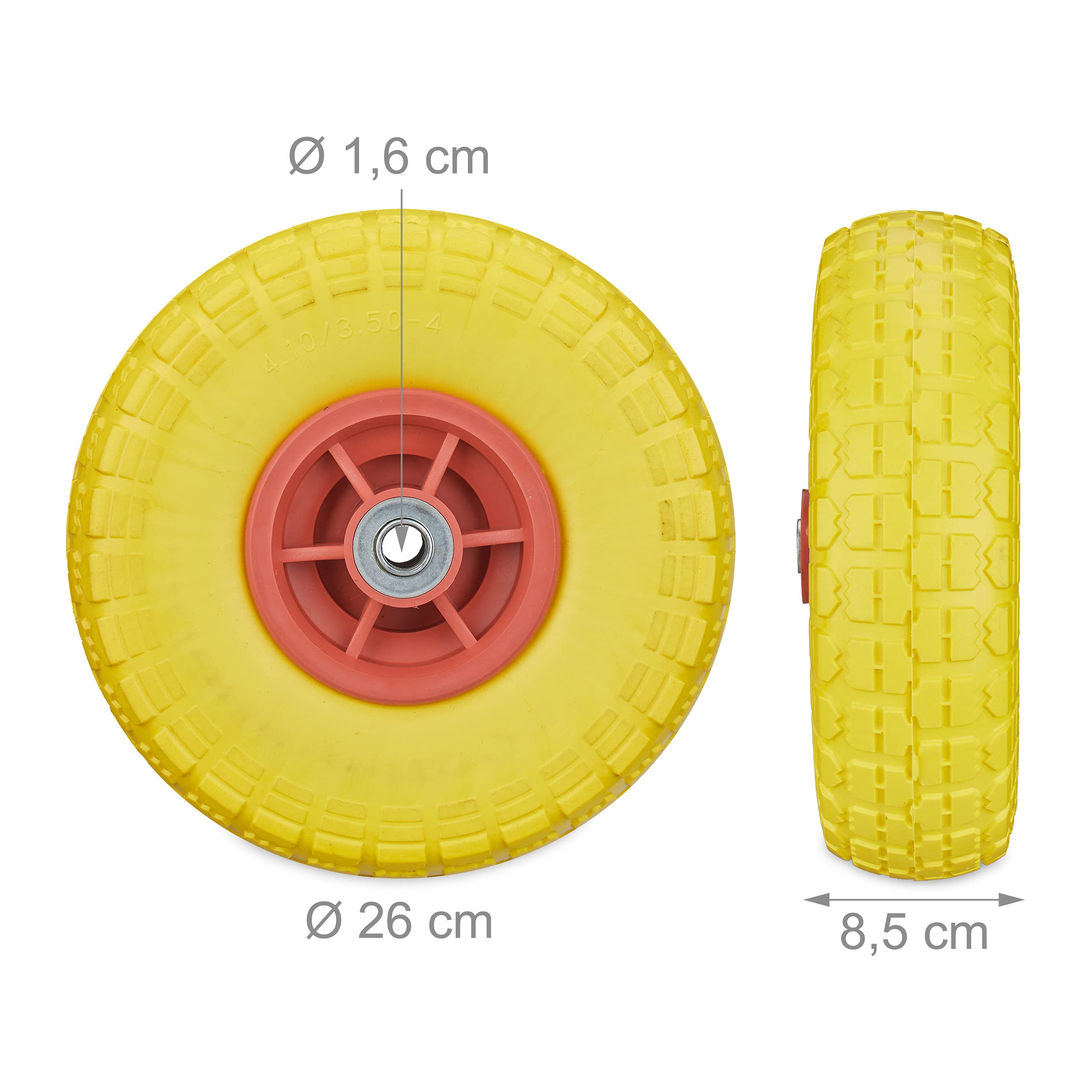 Relaxdays 2X Sackkarrenrad, pannensichere Vollgummireifen, 4.1/3.5-4", 16 mm Achse, bis 150 kg, 260x85 mm, Farbwahl