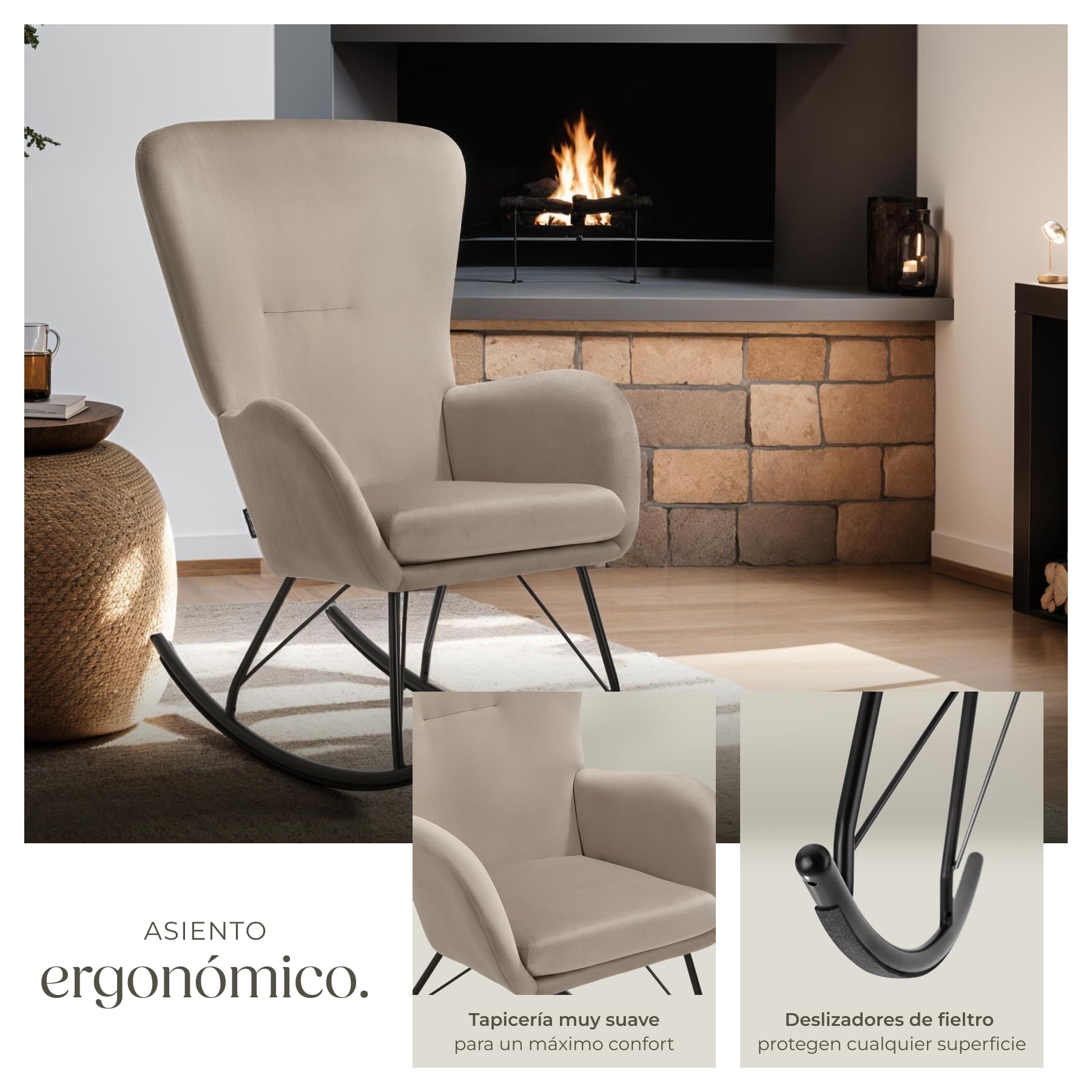 tectake® Mecedora con Respaldo Grande y cojín extraíble, Acolchado Grueso, Estructura de Acero Resistente, sillón, Silla Relax, butaca Dormitorio, Mecedora Lactancia - Negro/Gris Pardo