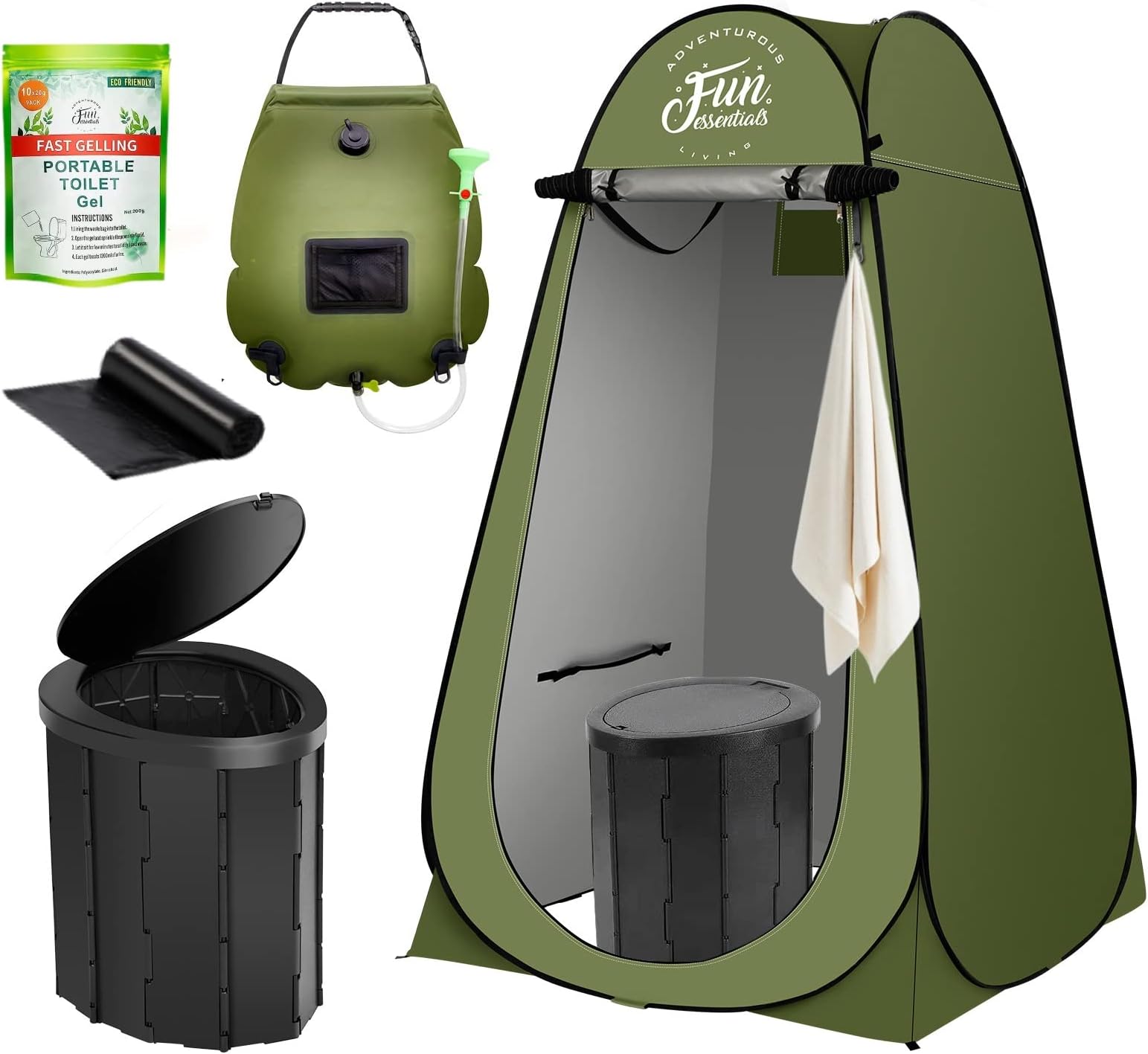 Amazon.com: FUN ESSENTIALS Portable Toilet Kit With Solar Shower Bag, 5 ...