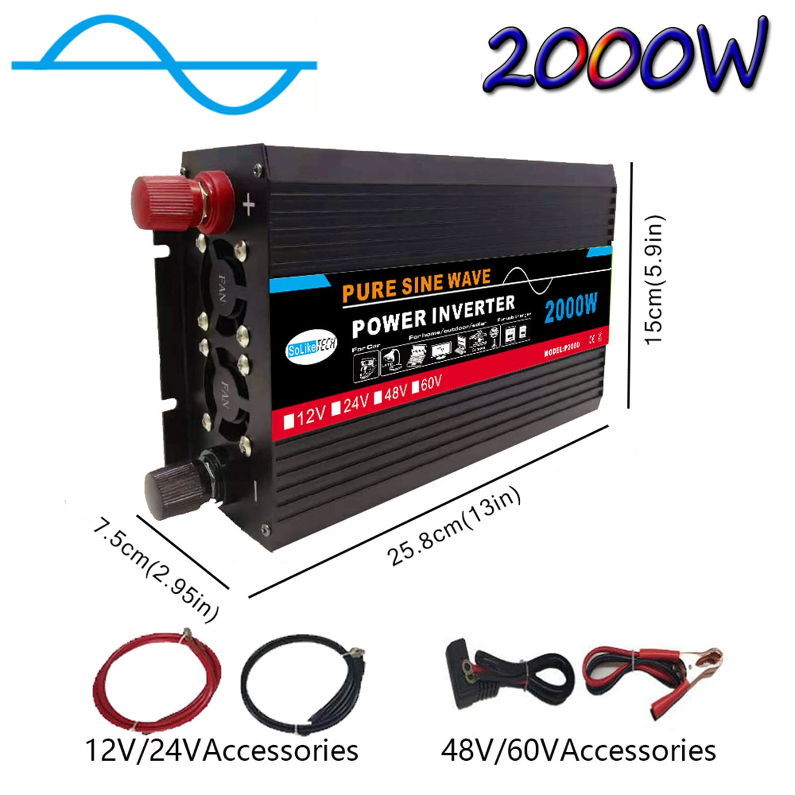 Inversor de Onda sinusoidal de 2000W DC12V/24V/48V/60V a Ac220 Home/Outdoor/RV/Camping Wave Inverter con Pantalla LCD