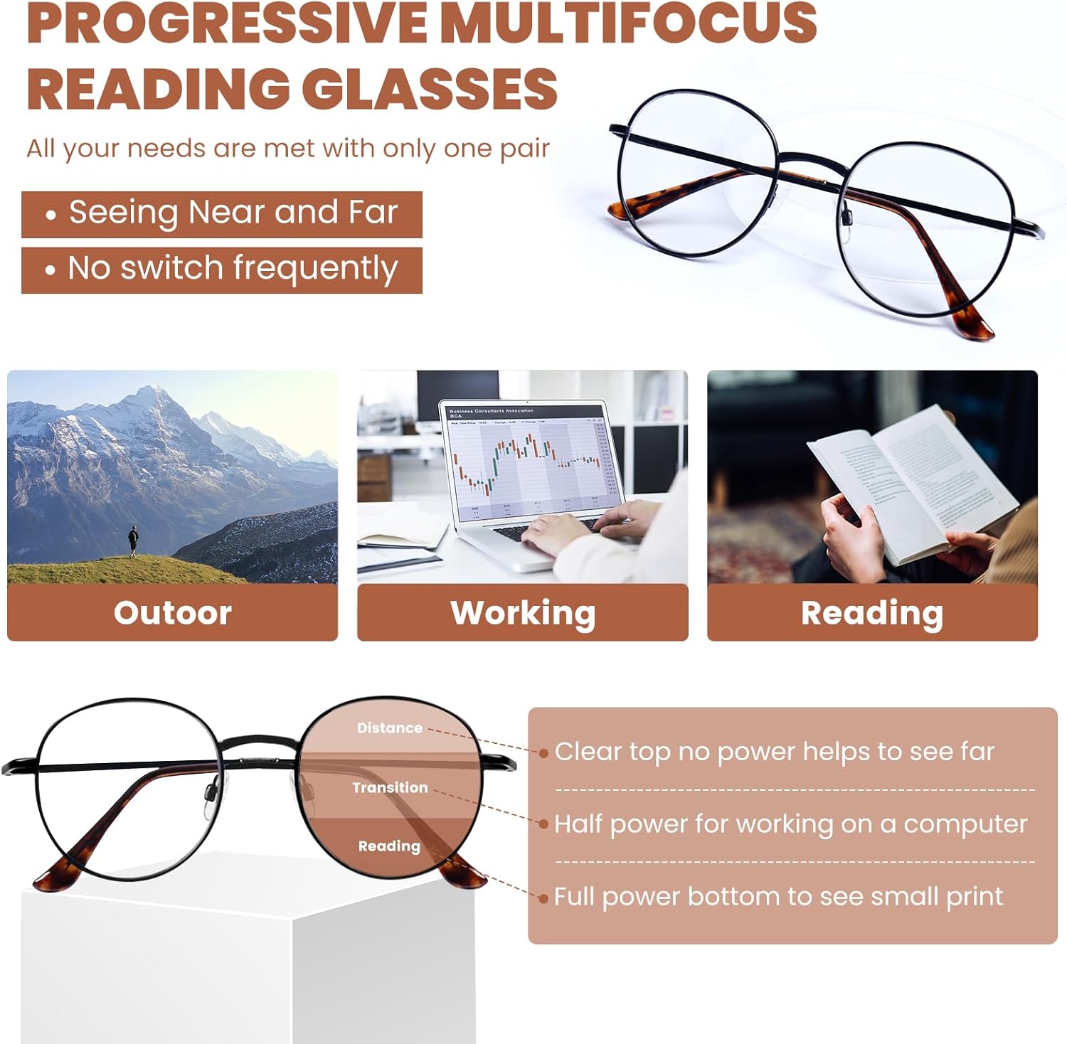 Progressive Reading Glasses Men Women Blue Light Blocking Photochromic Multifocus Reader Transition Sunglasses - Image 3