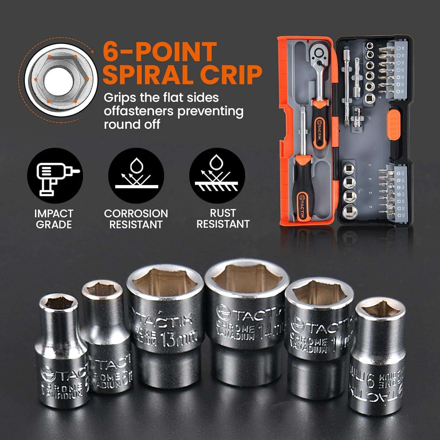 Tactix 43-Piece Socket Wrench and Bit Set 1/4'', CR-V Metric Sockets with Quick-Release Ratchet Wrench, Compact Sockets Set for Car Repair, with Storage Case