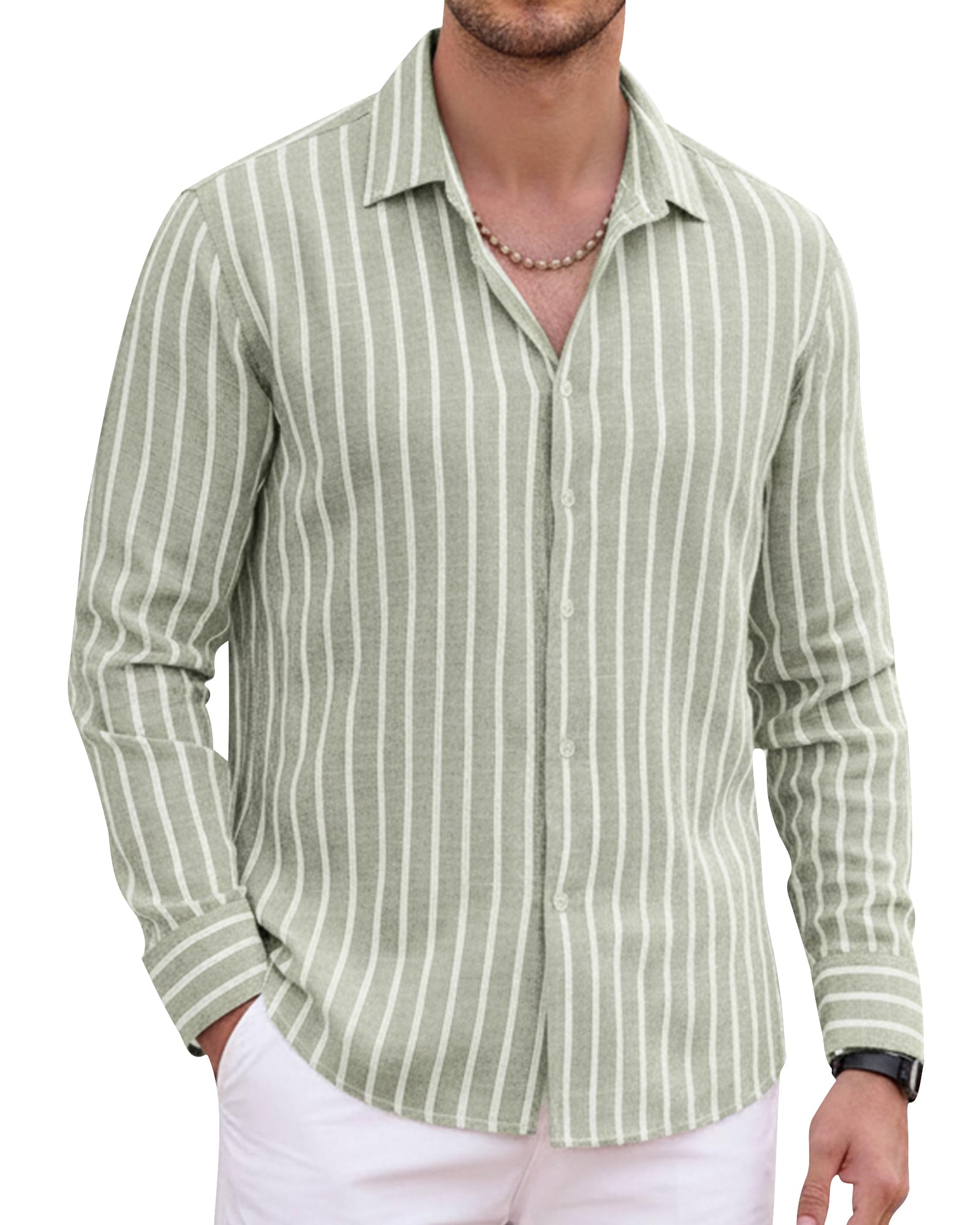 Alex Vando Mens Linen Shirts Long Sleeve Button Down Striped Beach Shirt