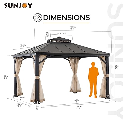 Miniatura 7 de Sunjoy Gazebo de techo rígido de 11 x 13 pies, para patio al aire libre, marco de aluminio antioxidante, con gancho para el techo y red de malla,