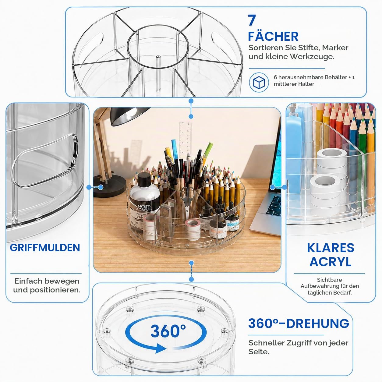 CraftGenes Transparenter drehbarer Organizer, Acryl-Stifthalter, Marker-Organizer