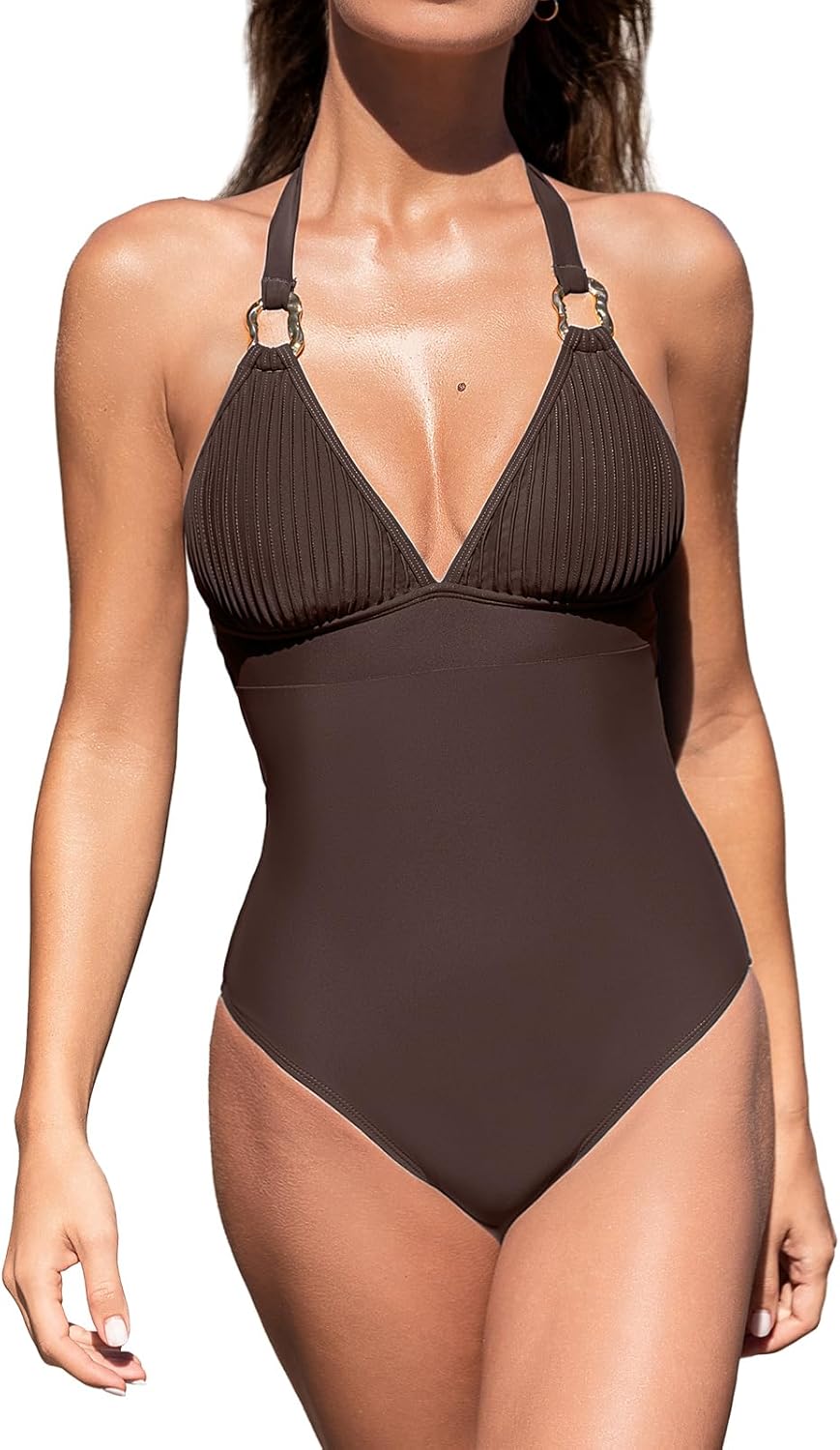 CUPSHE Women's One Piece Swimsuit V Neck Bathing Suit Halter Straps Adjustable Self Tie Swimwear Backless Striped