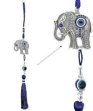 LUCKBOOSTIUM Silver Elephant with Blue White & Black Resin Evil Eye Beads Tassels Charms Protective Car Rear View Mirror Ornament, Keychain for Bag, Home & Office, Spiritual Decor for Positive Energy