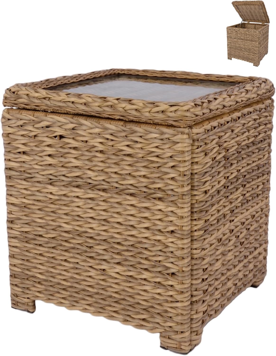 Classic Outdoor Storage Side Table, Weather-Resistant HDPE Rattan Wicker Patio Coffee Table w/Tempered Glass Flip Top for Porch Pool, Dark Brown