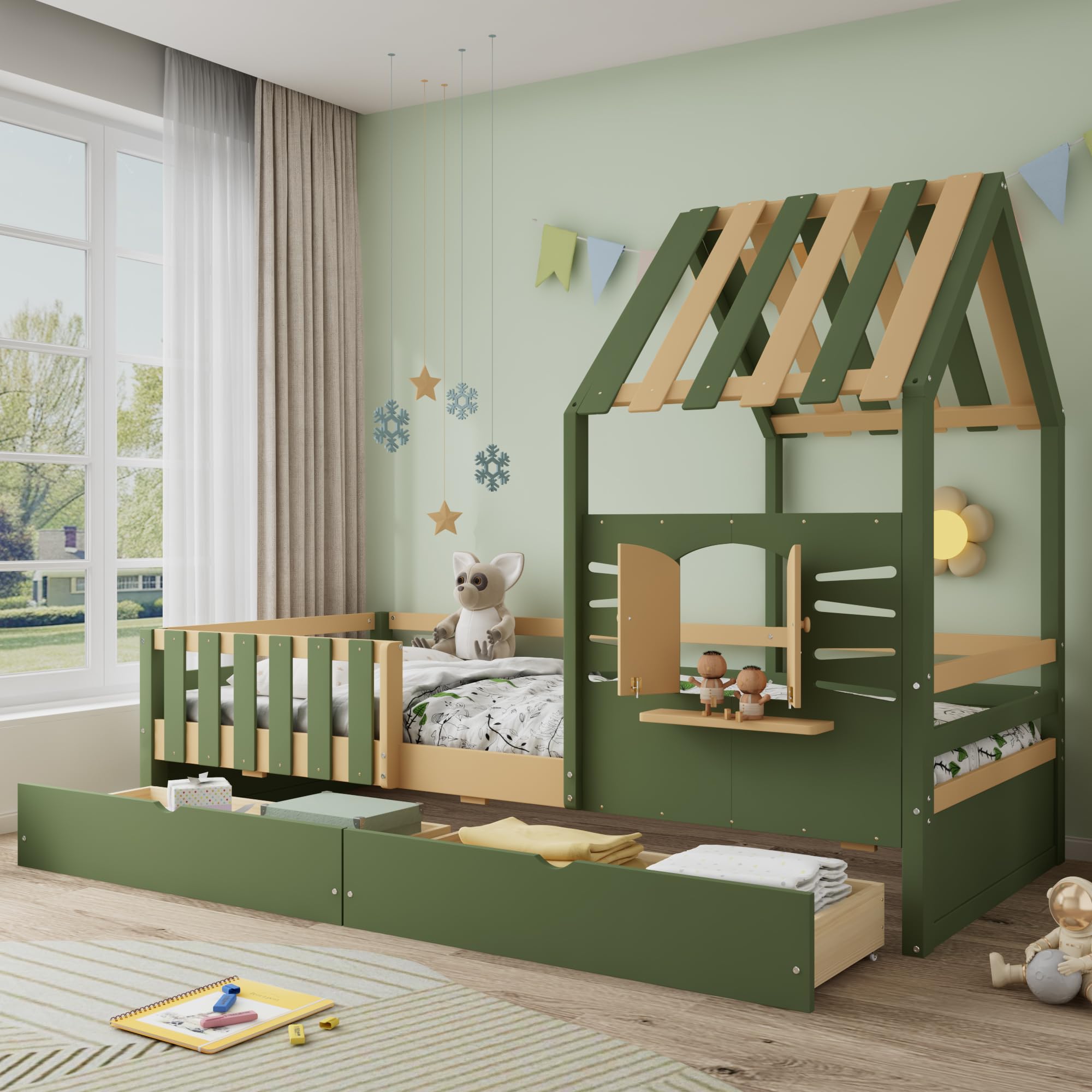Wooden House Bed with 2 Storage Drawers & Slatted Frame, Solid Pine Wood Cabin Bed Frame, 3ft Single Tree House Canopy Beds Children's Storage Beds With Window and Guard Rail,190x90 cm,Green+Natural