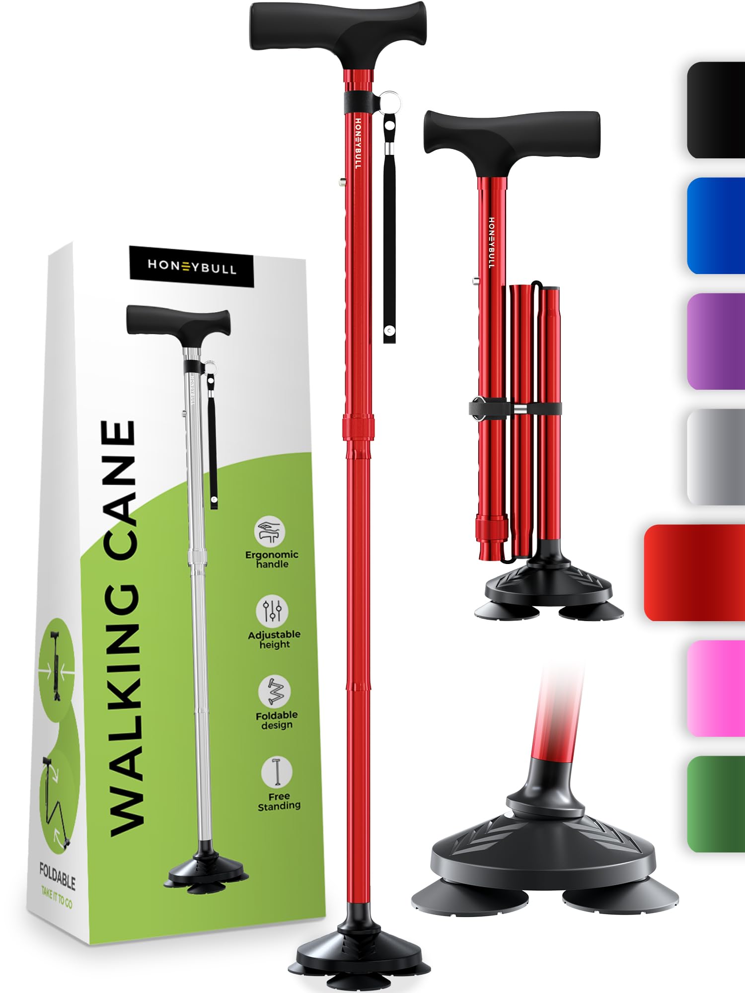 HONEYBULLWalking Cane for Men & Women - Foldable, Adjustable, Collapsible, Free Standing Cane, Pivot Tip, Heavy Duty | Walking Sticks, Folding Canes for Seniors & Adults [Red]