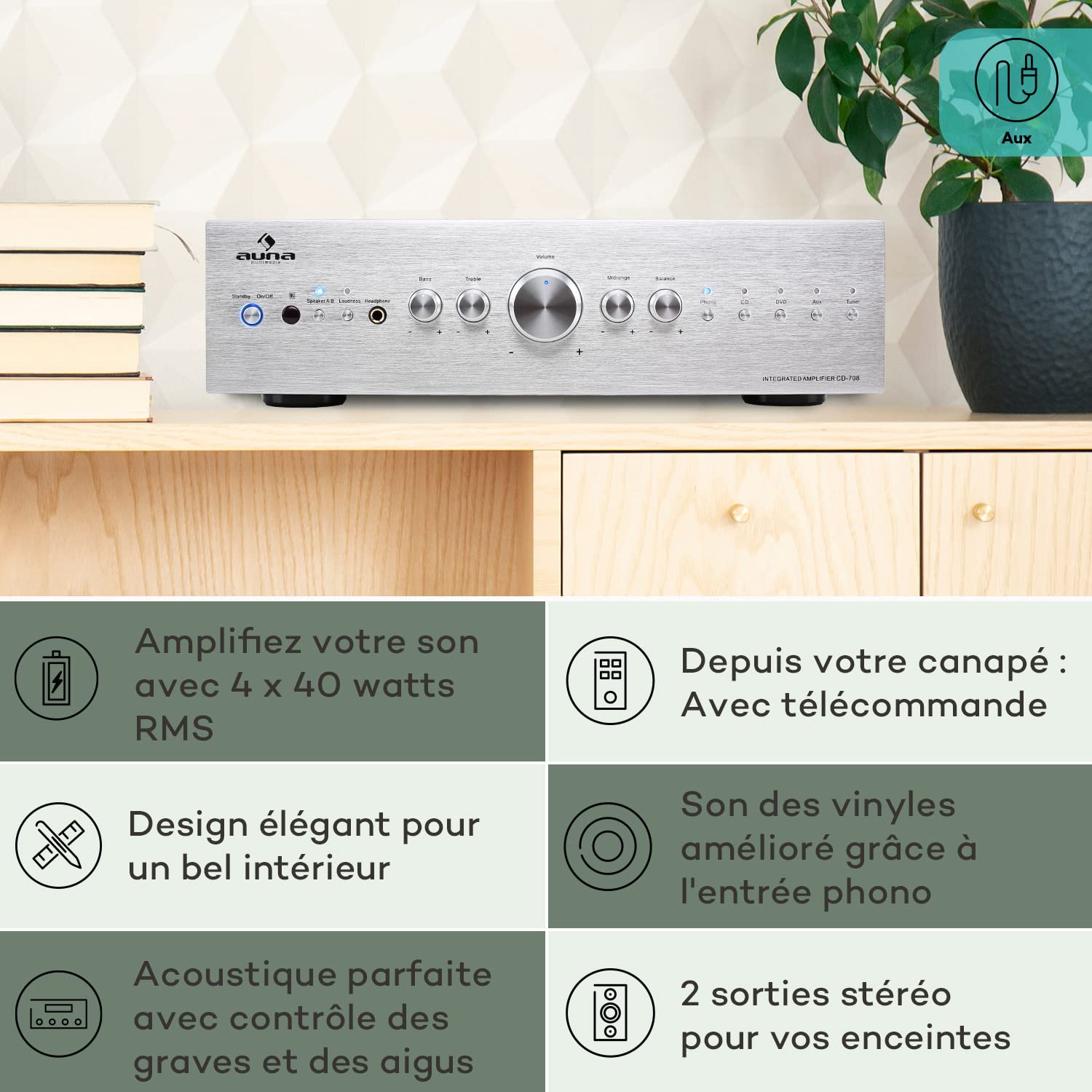 auna AV2-CD708 Amplificateur HiFi Sono stéréo (puissance de 600W max., égalisateur 3 bandes, 5 entrées RCA et une sortie RCA audio, télécommande, inox brossé) - argent