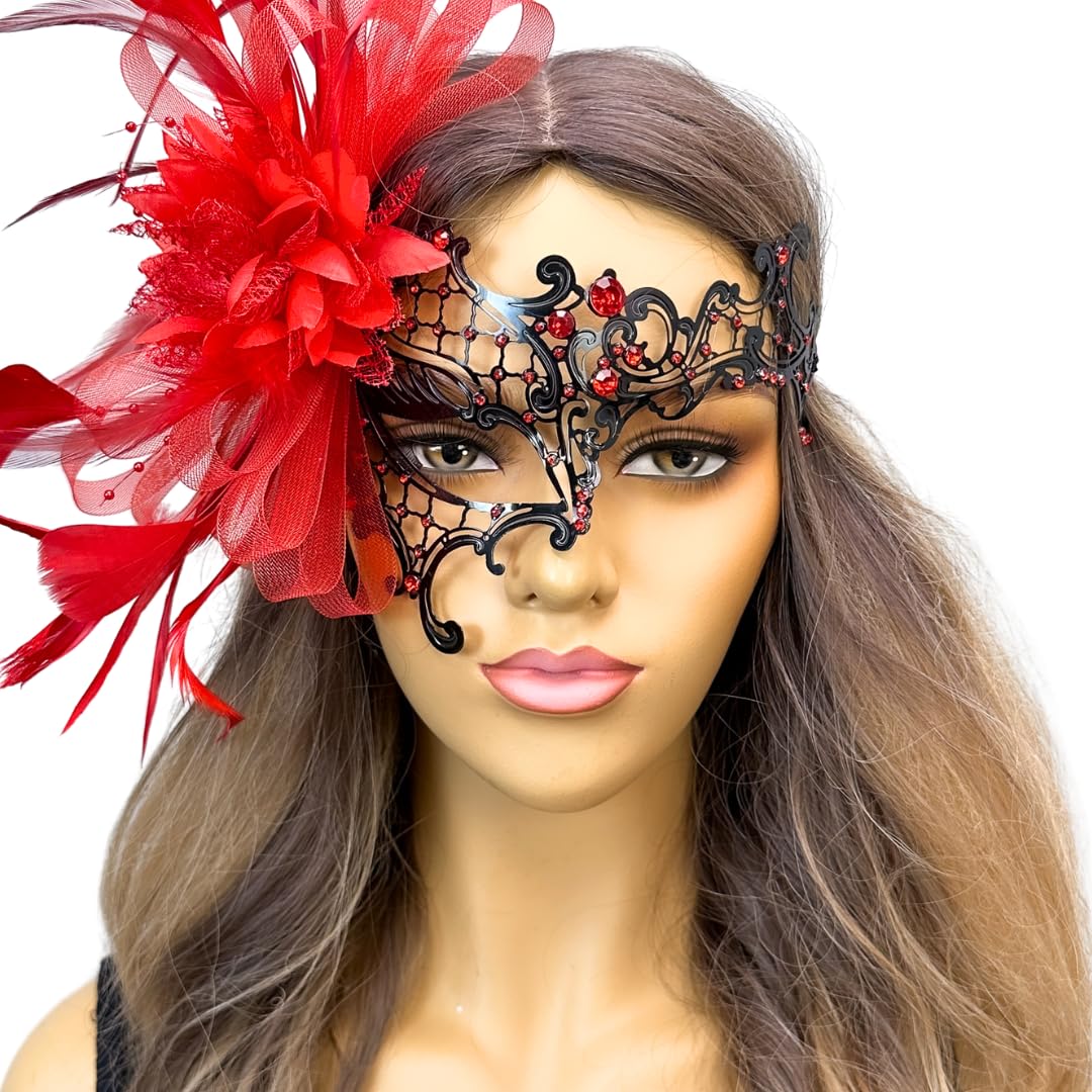 Black Metal Masquerade Mask for Women Halloween Costume Feather Party Masks Feathers Venetian Mardi Gras Burlesque Mask