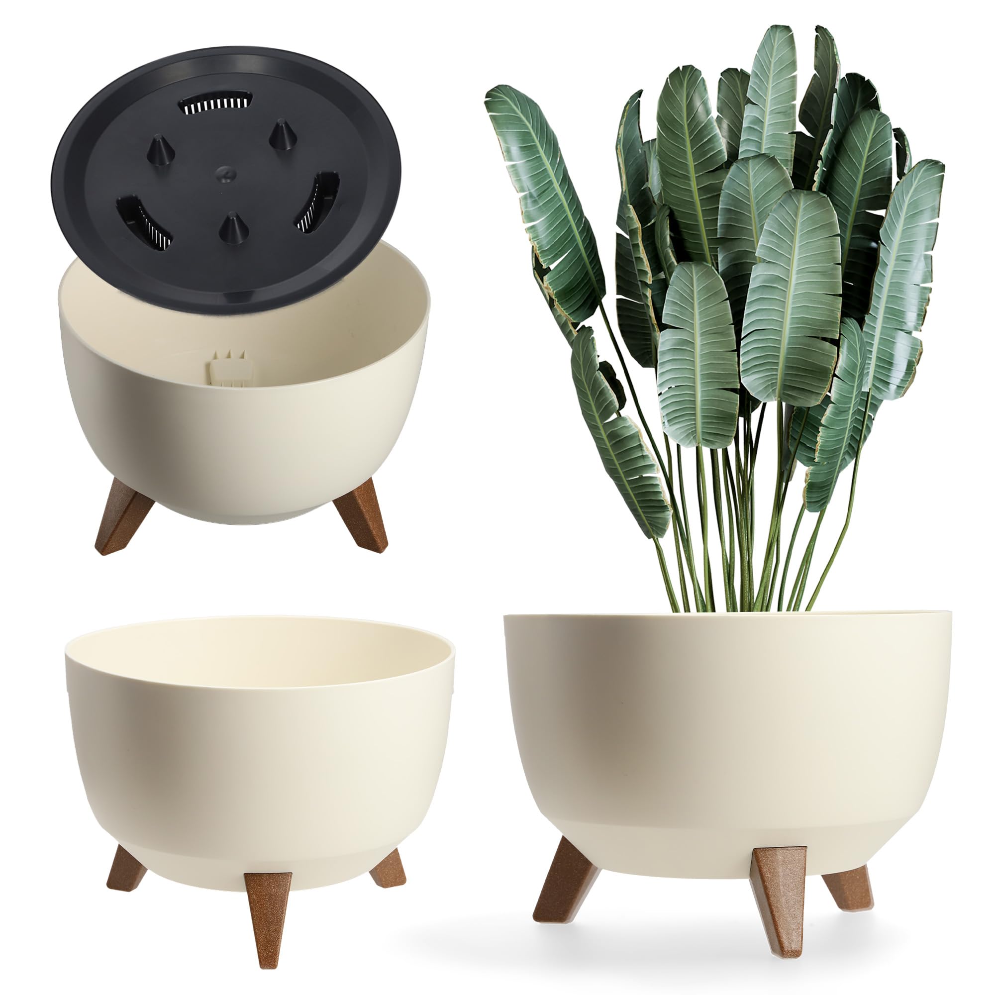 KADAX Vaso Rialzato in Plastica per Piante da Interno ed Esterno, Coprivaso Decorativo con Piedistallo Simil-Legno e Design Moderno (47 cm, Crema)