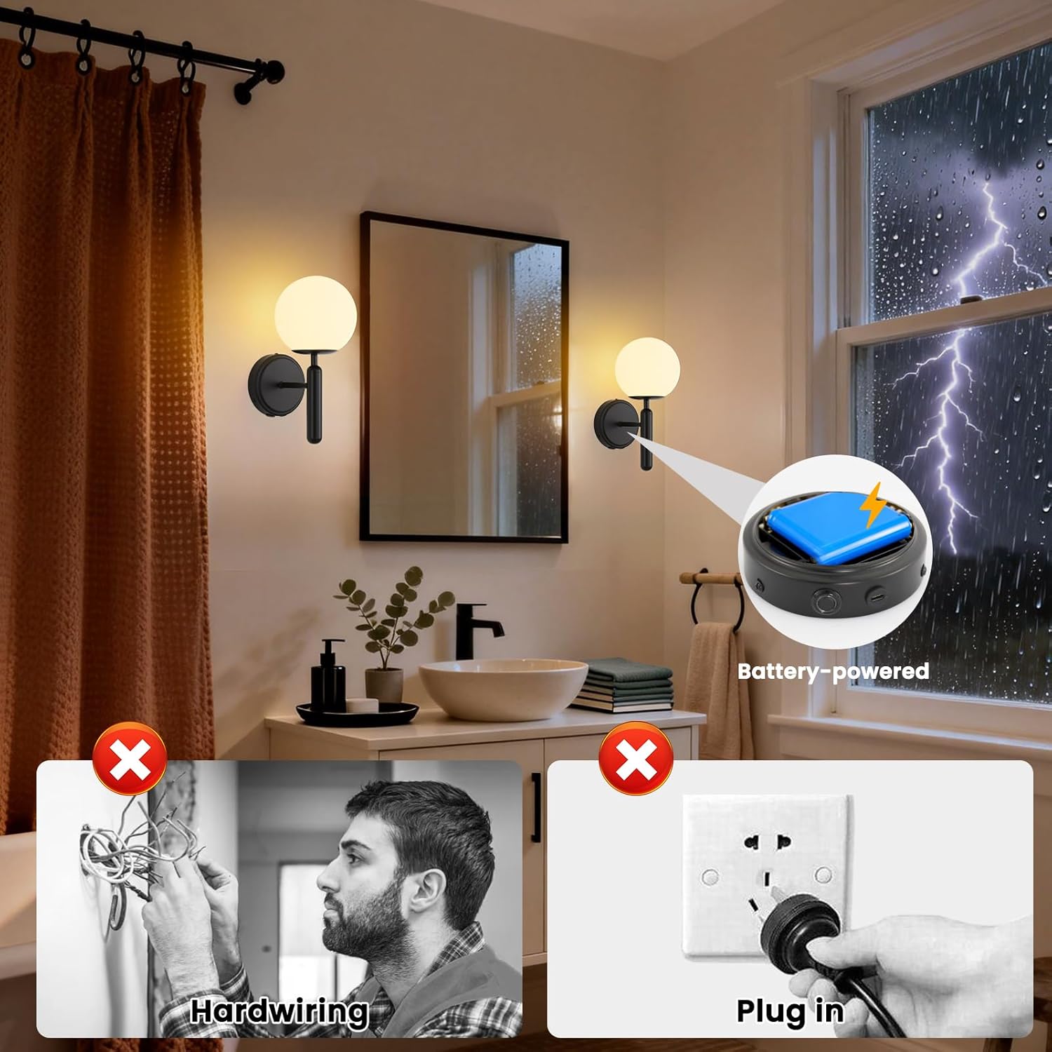 Battery Operated Wall Sconce Set of 2, Black Rechargeable Wireless Wall Lamp with Milky White Frosted Globe Lampshade and Remote, 5000mAh LED Dimmable Wall Light for Bedroom Living Room Hallway