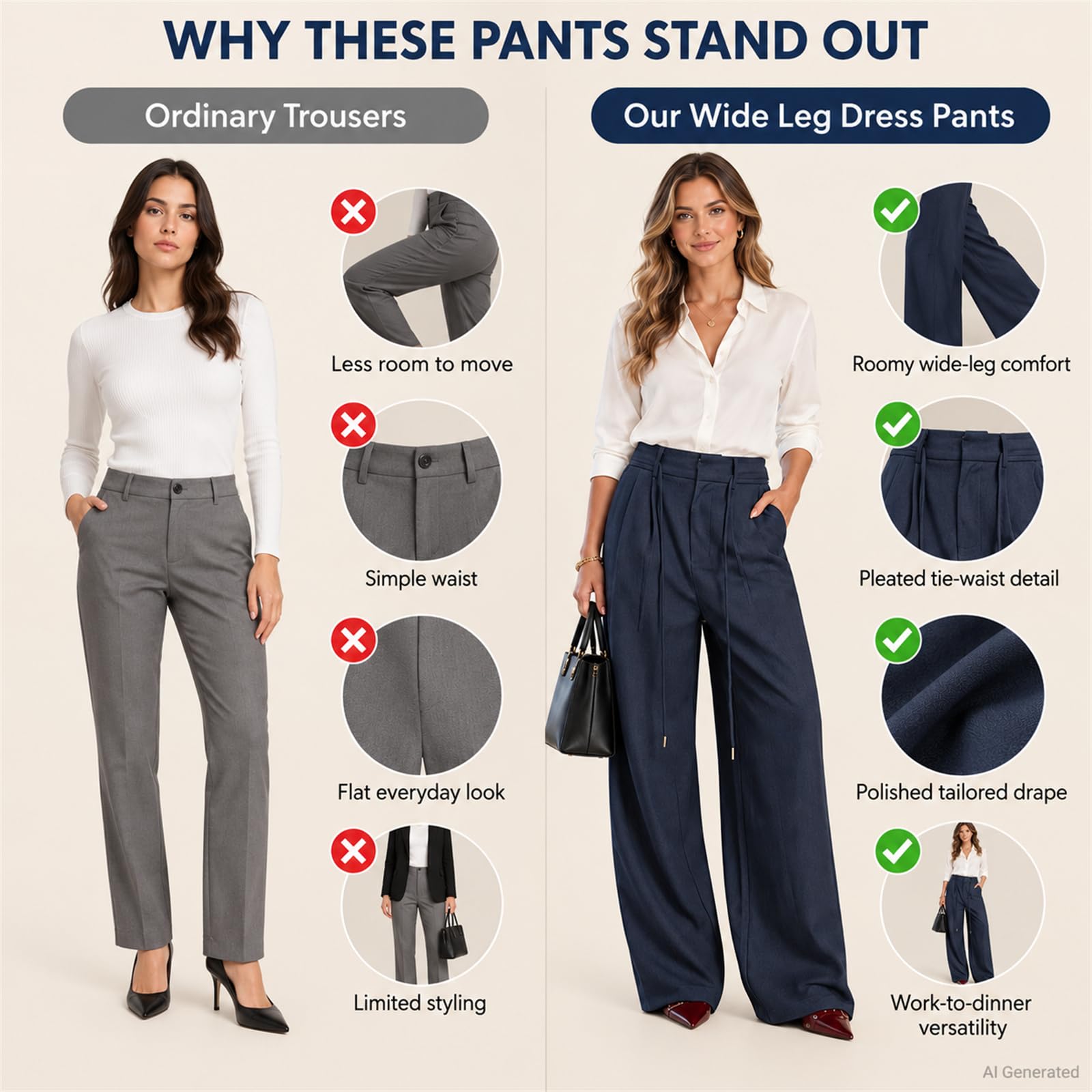 Pantaloni da donna a gamba larga, plissettati, con laccetti in vita, per