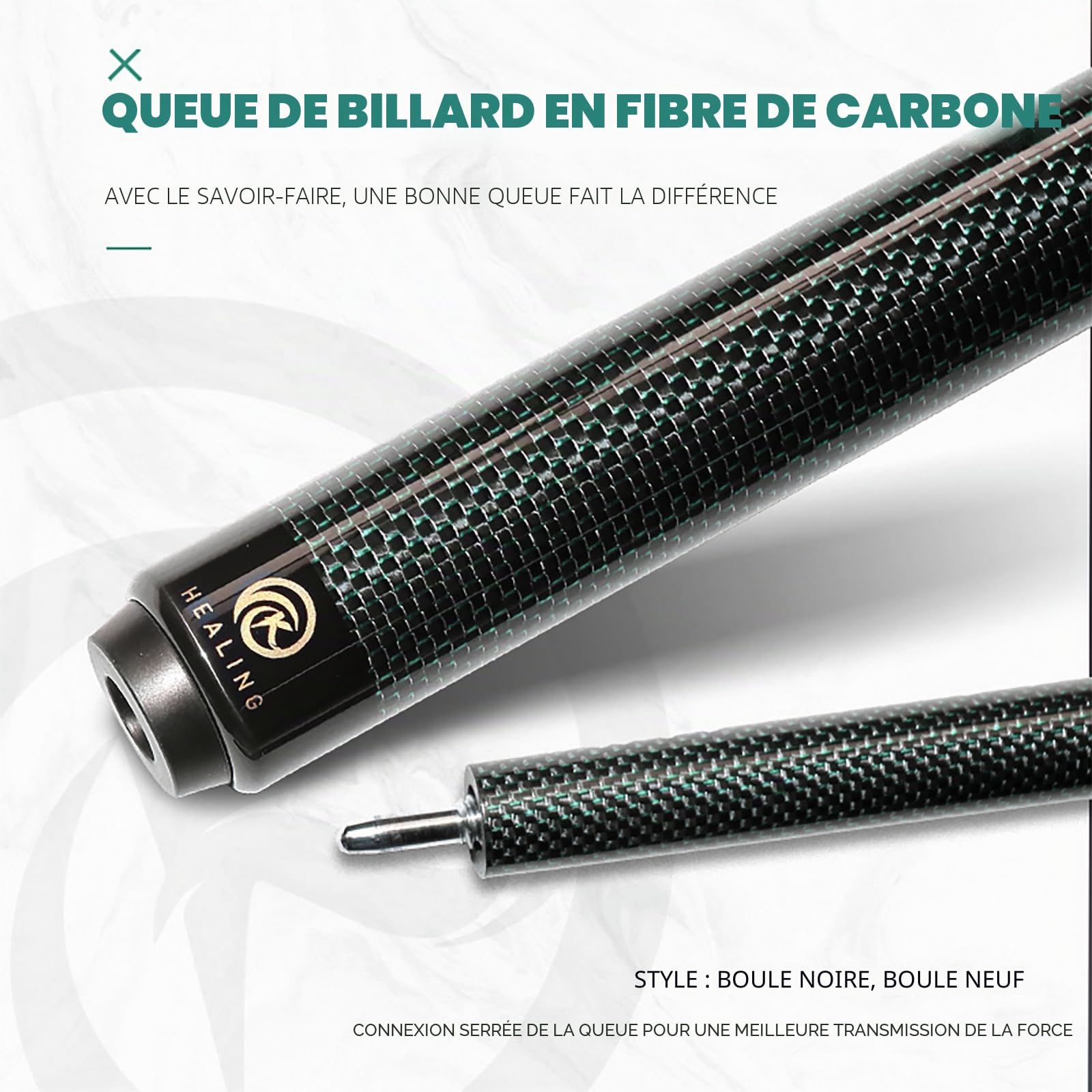 KHEALING Queue de billard en fibre de carbone de 58 pouces, structure 1/2, connecteur à 3 dents, pointe de 12,4 mm, 540-567 g, convient pour les joueurs de billard professionnels