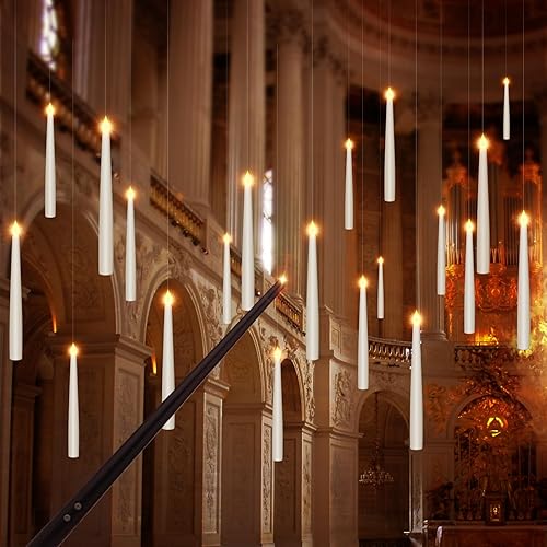 Paquete de 20 decoraciones navideñas, velas flotantes sin llama con control remoto de varita mágica, velas cónicas sin llama, velas LED de mano sin