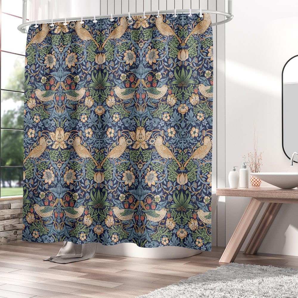 William Morris Floral Shower Curtains Watercolor Vintage Flower Art,Rustic Vintage Garden Art Floral Shower Curtain,Shower Curtain For Bathroom With 12 Hook 180x180cmPolyester