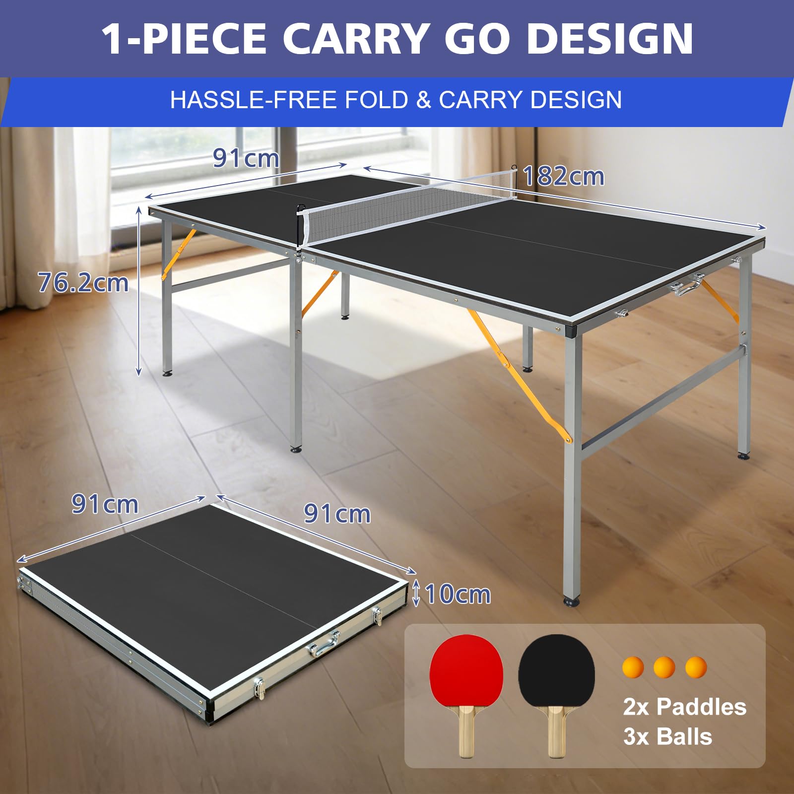 Tavolo da ping pong, 182 x 91 cm, pieghevole, professionale e portatile, con rete, 2 racchette e 4 palline, per interni ed esterni (nero)