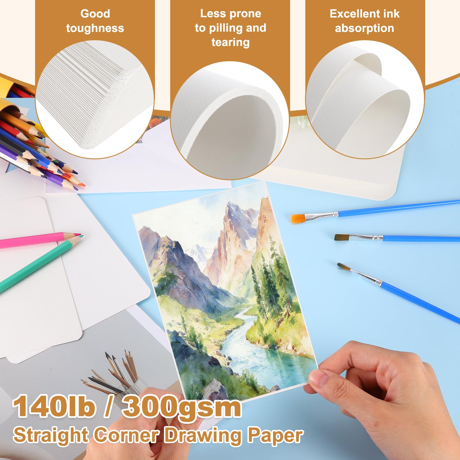 MECCANIXITY Lot de 40 feuilles de papier aquarelle avec enveloppes, 17,8 x 25,4 cm, 63,5 kg/300 g/m², papier aquarelle presse à froid pour carnet de croquis, journal (coin rond)