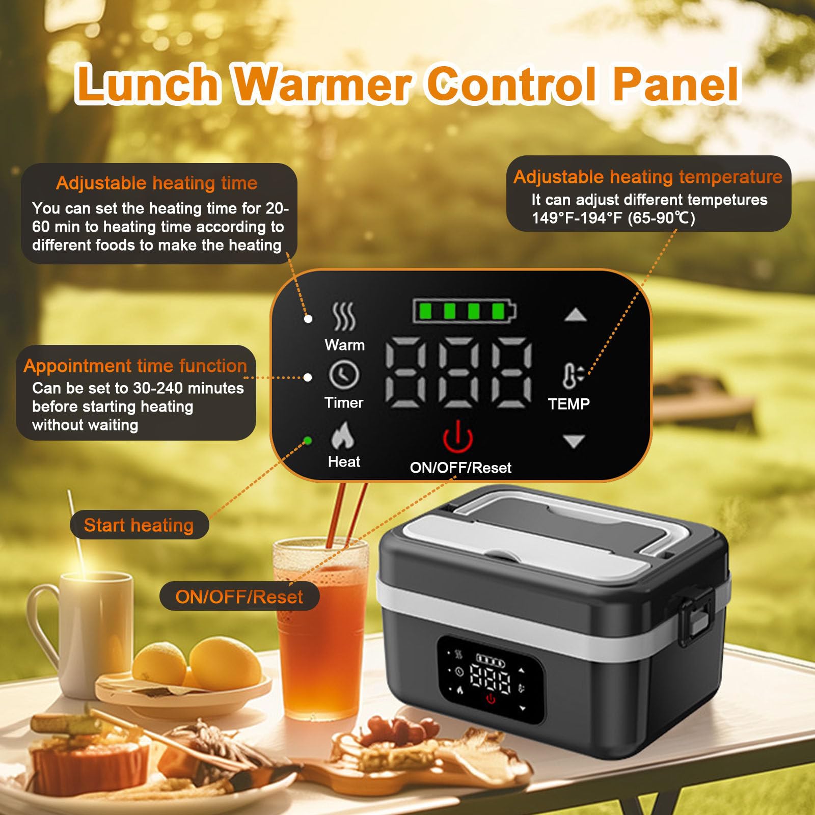 Contenitore per il pranzo elettrico con impostazioni di temperatura e timer, scaldavivande portatile senza fili, contenitore a prova di perdite per pasti caldi ovunque