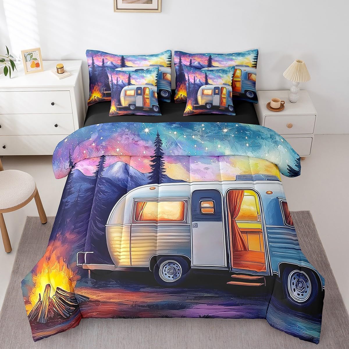 Erosebridal 7 Piece RV Camping Twin Comforter Set,Camper Bedding Sets for Travel Trailer,Aurora Starry Night Bed Set Mountain Bed in a Bag with Fitted+Flat Sheet,Pillowcases,Throw Pillow Covers