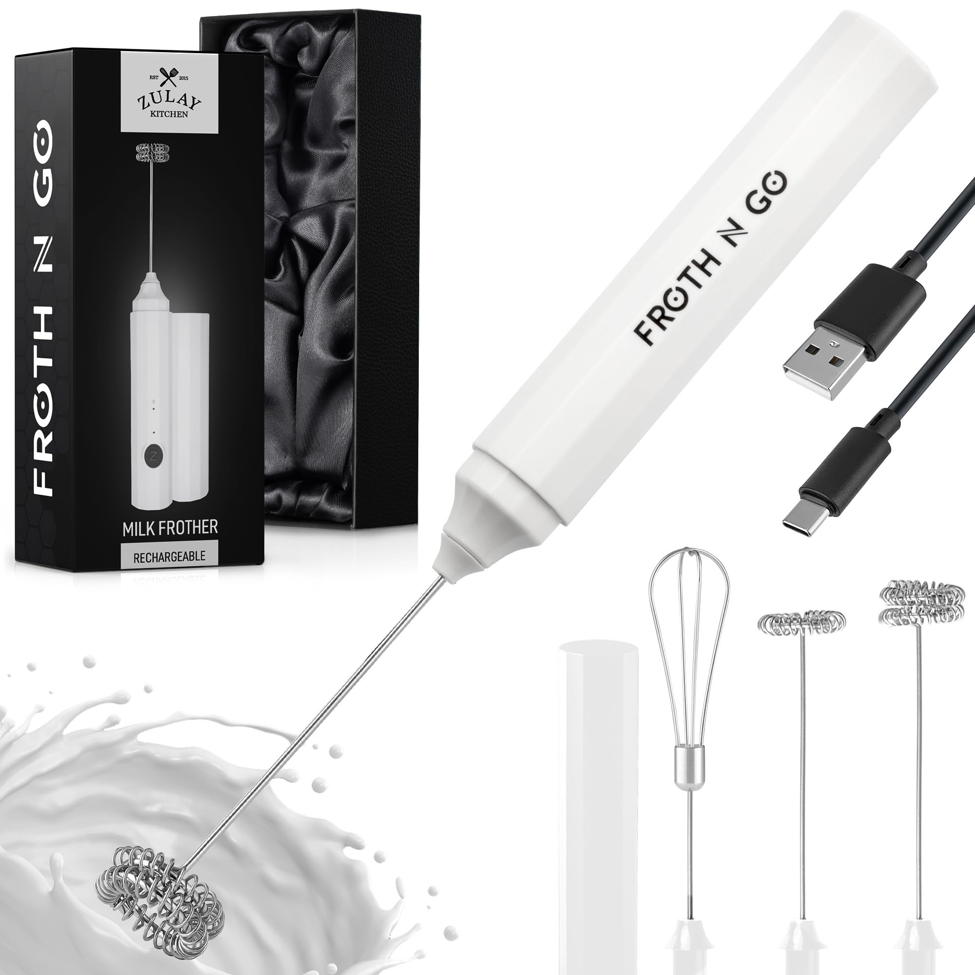 Zulay Froth N Go Milk Frother – Rechargeable 3-in-1 Handheld Frother Wand with Travel Case &amp; USB-C Charger – Single, Double &amp; Egg Whisk for Latte, Cappuccino, Matcha, Protein Shakes - Diamond White