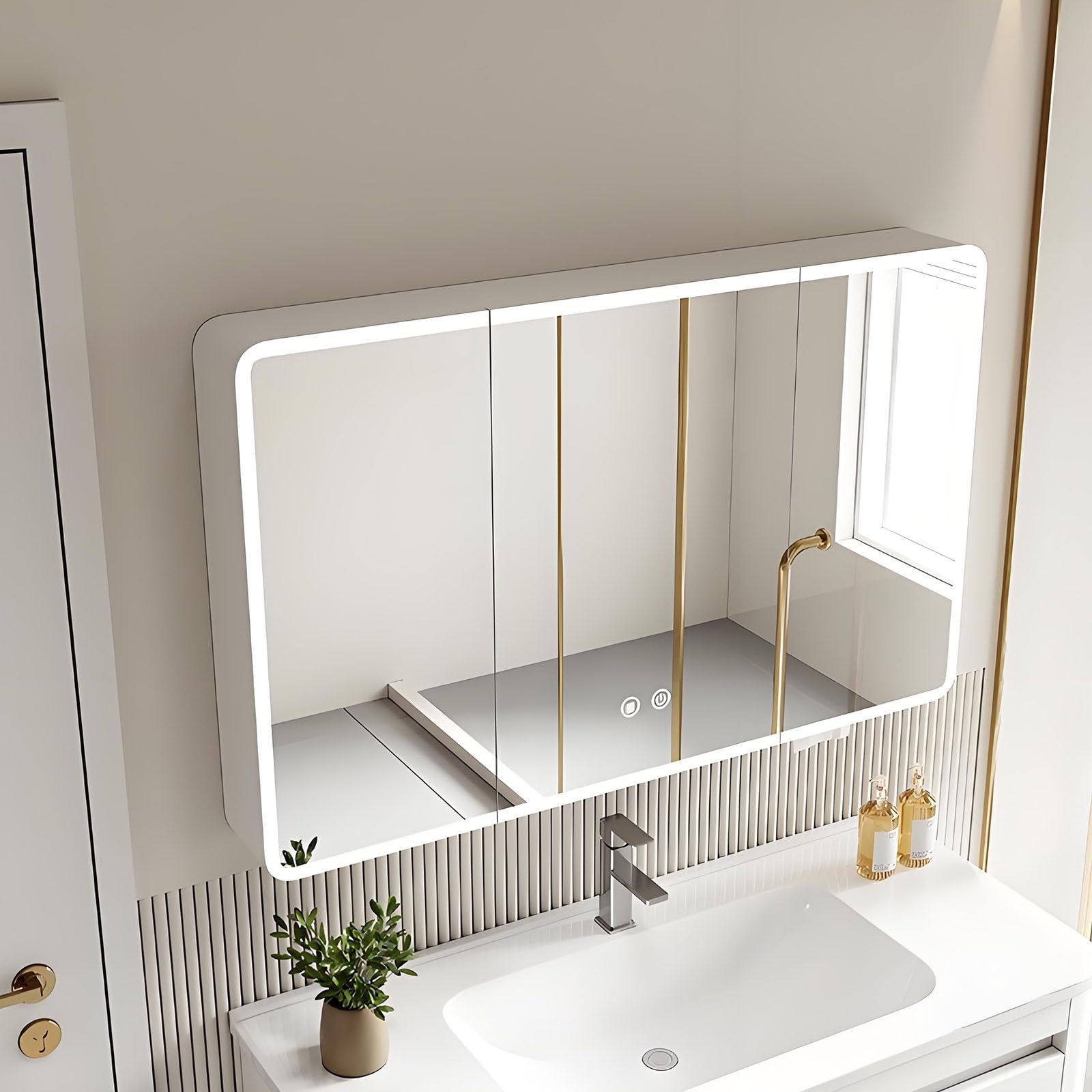 SXFSDOU LED Illuminated Bathroom Cabinet with Smart Medicine Storage HD Mirror Makeup nizer Stylish Shelf Button Modern for Home Use