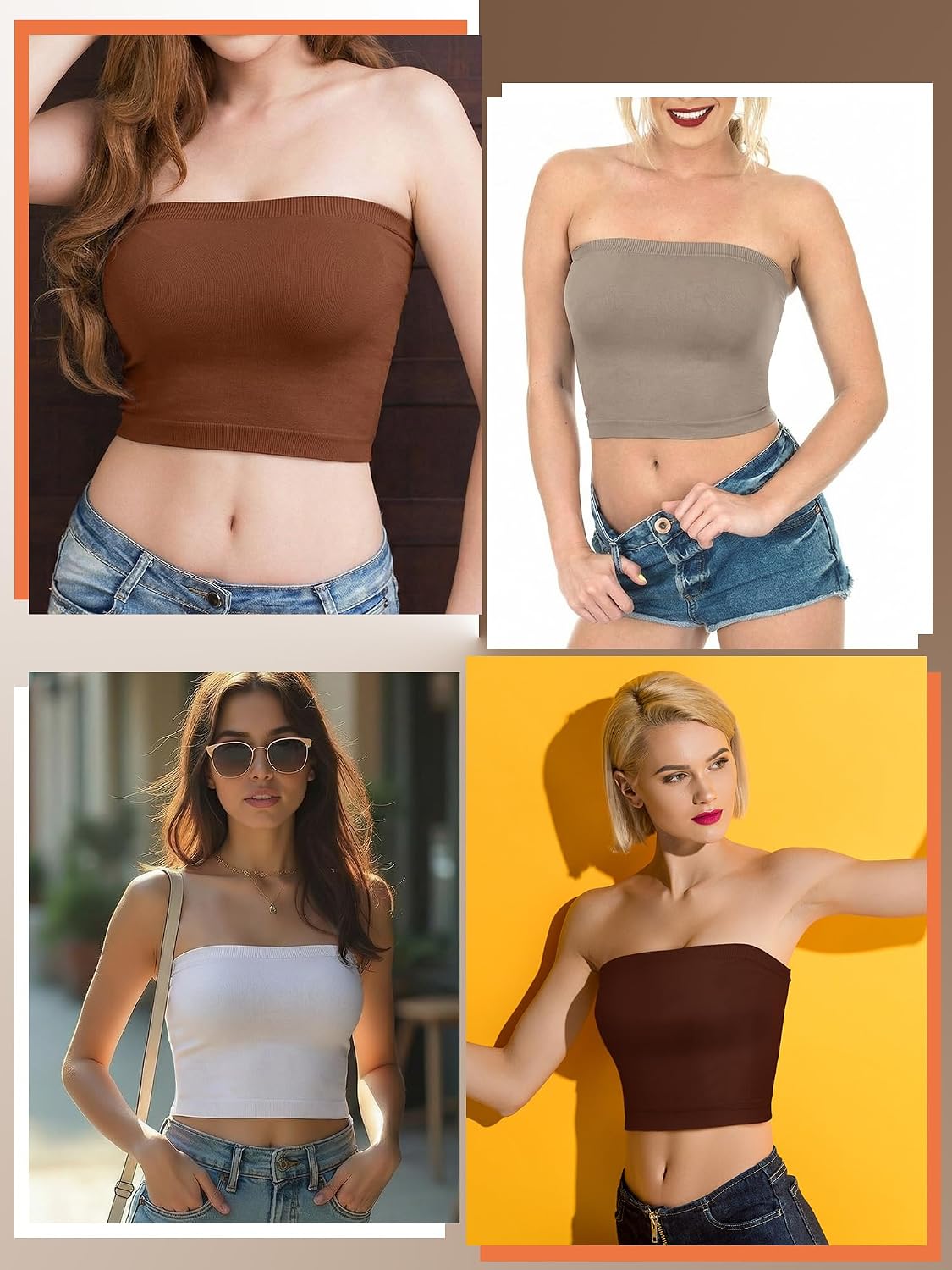 Bencailor 6 Pack Women's Bandeau Tops, Strapless Tube Bra, Seamless Basic Casual Stretchy Sports Bralettes for Women Girls