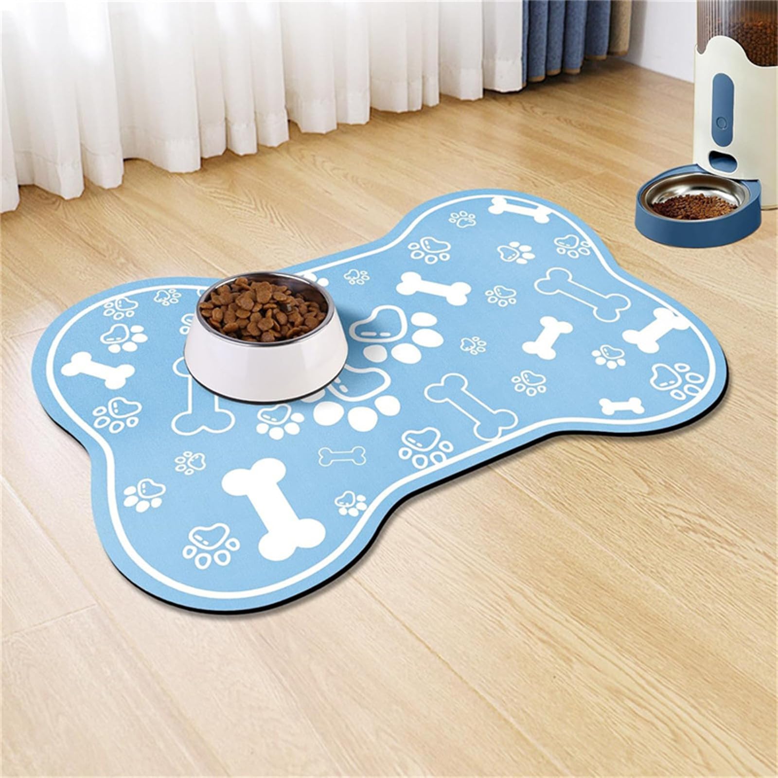 Mateju Dog Food Mat, Absorbent Quick Drying Pet Feeding Mat for Food and Water, Cute Puppies & Kittens Bowls, Non-Slip (Blue,60x90cm)