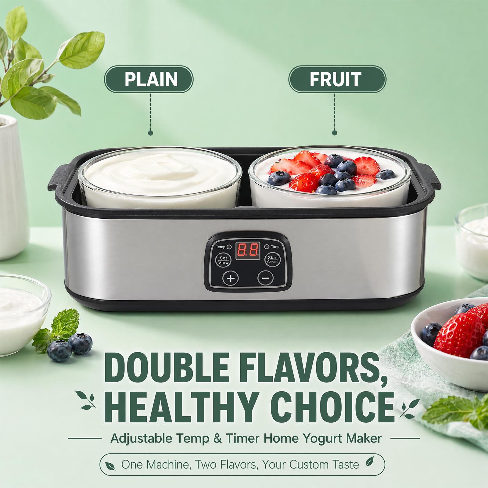 Yaourtière automatique de 2 l, température réglable et minuterie, yaourtière électrique avec affichage LED et 2 verres, pour la préparation de yaourts bio, produits laitiers, fromage, Natto