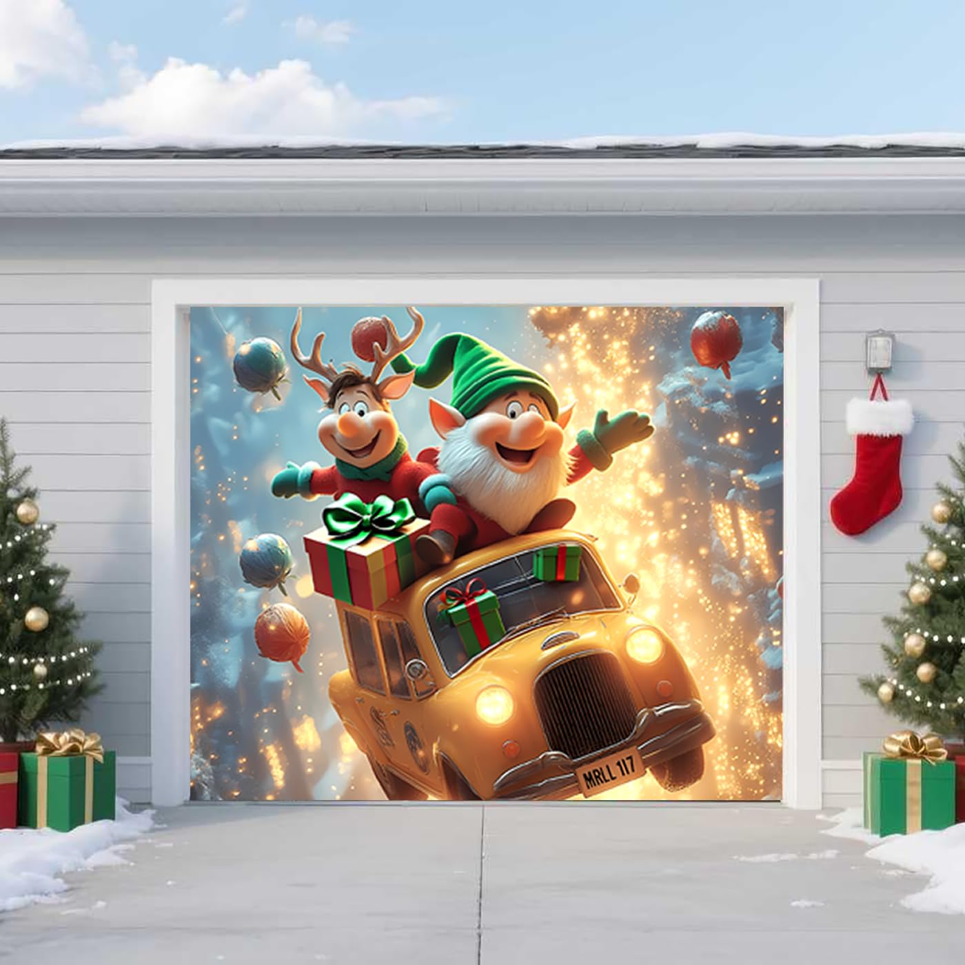 Wyyhaa One Color Christmas Garage Door Banner Cover – Flying Elf And Reindeer In Festive Taxi With Gifts – Uv Light-Responsive Yellow Glow – Large Outdoor Holiday Mural Design For Porch, Living Room,8*7Ft/2.4*2.1M