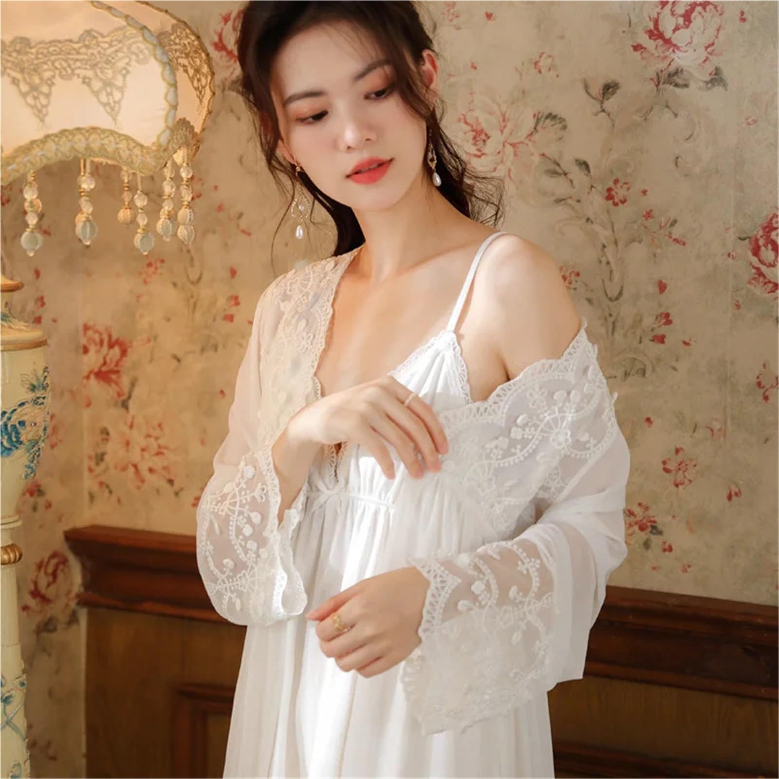 Camicia da Notte Pigiama da Principessa in Rete Set Morbida Camicia da Notte da Donna Abito da Sposa Femminile Pigiama retrò for la casa per Le Donne(White,L(50-57.5kg))