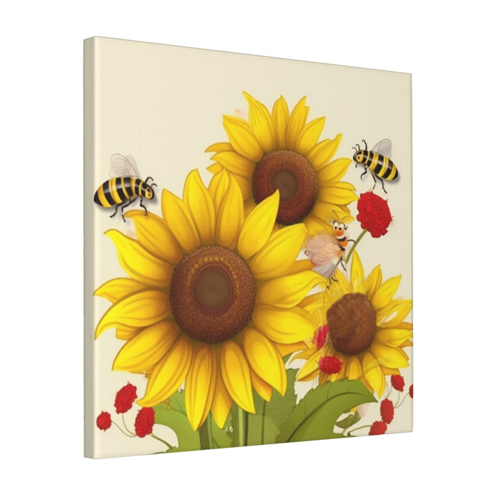 KLOPH Bees Sunflowers Daisy Rose Flowers Canvas Wall Art for Living Room 16"x16" Modern Artwork Painting for Bathroom Hanging Canvas Prints Aesthetic Wallart for Bedroom Kitchen Office Wall Decor