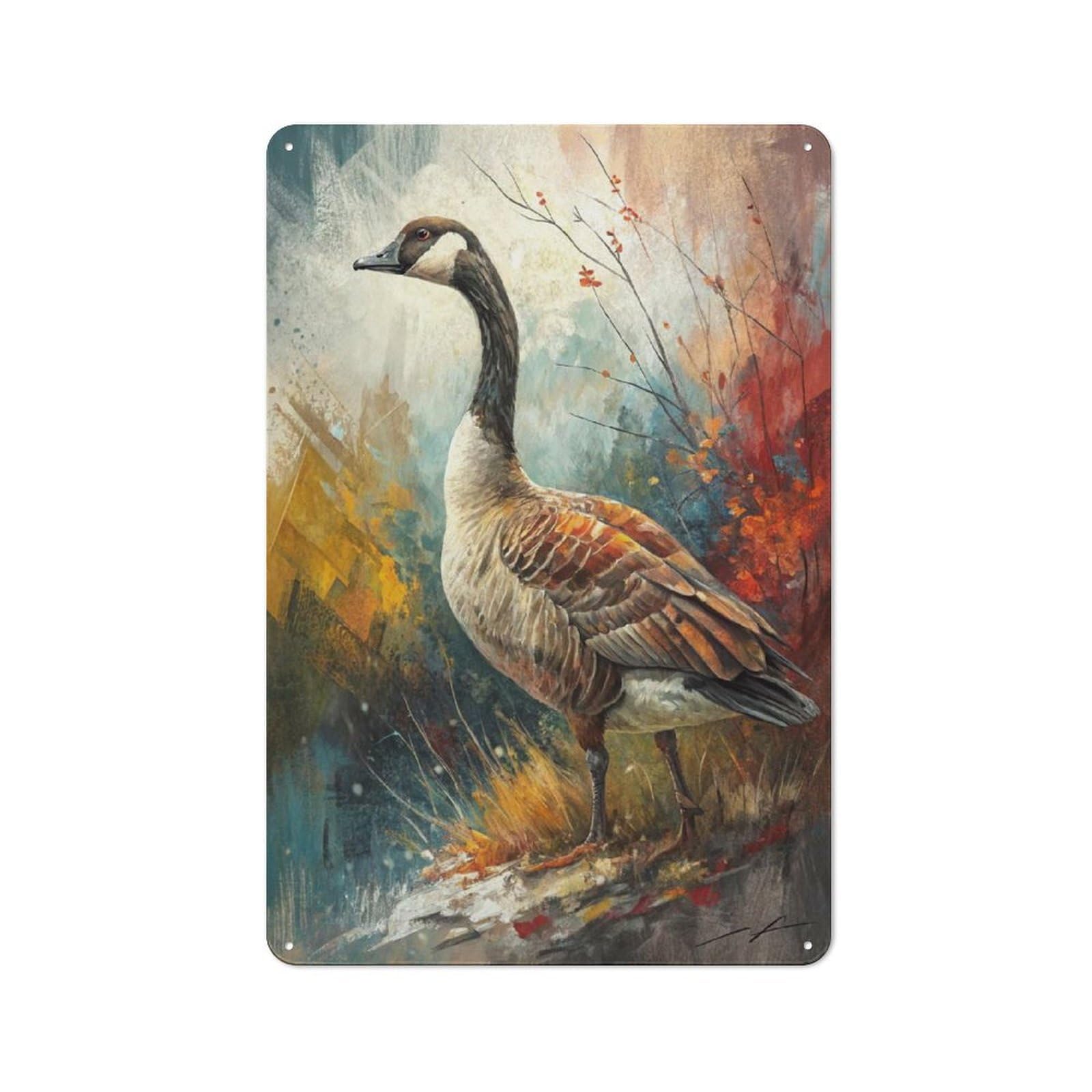 Junmoney Style-2 Metal Wall Sign 30X20cm Featuring Goose Portrait In Autumnal Setting For Pub Or Café, Housewarming Wall Decor For People Furnishing Pub And Café