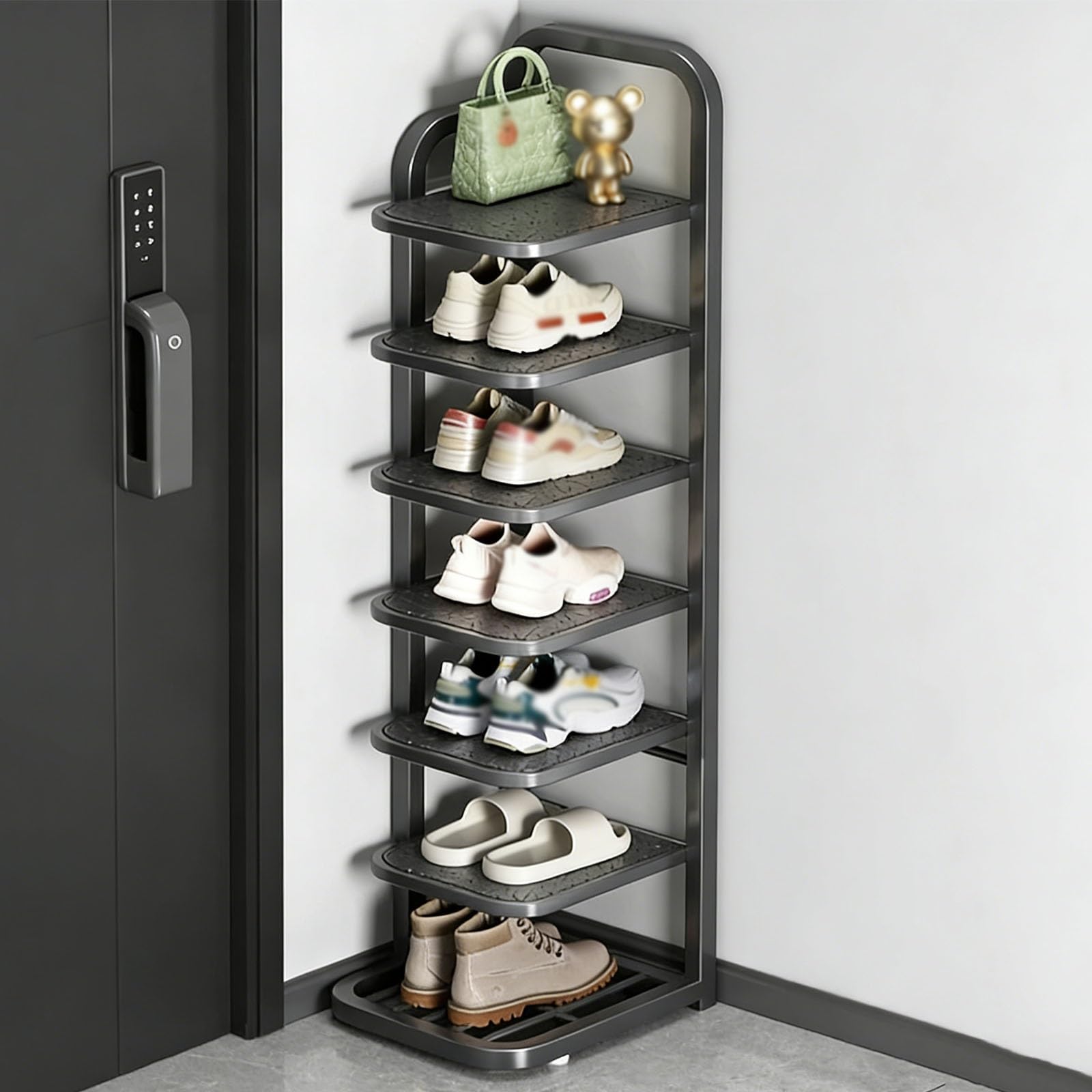 Étagère à chaussures en métal rigide au design épuré et panneau solide