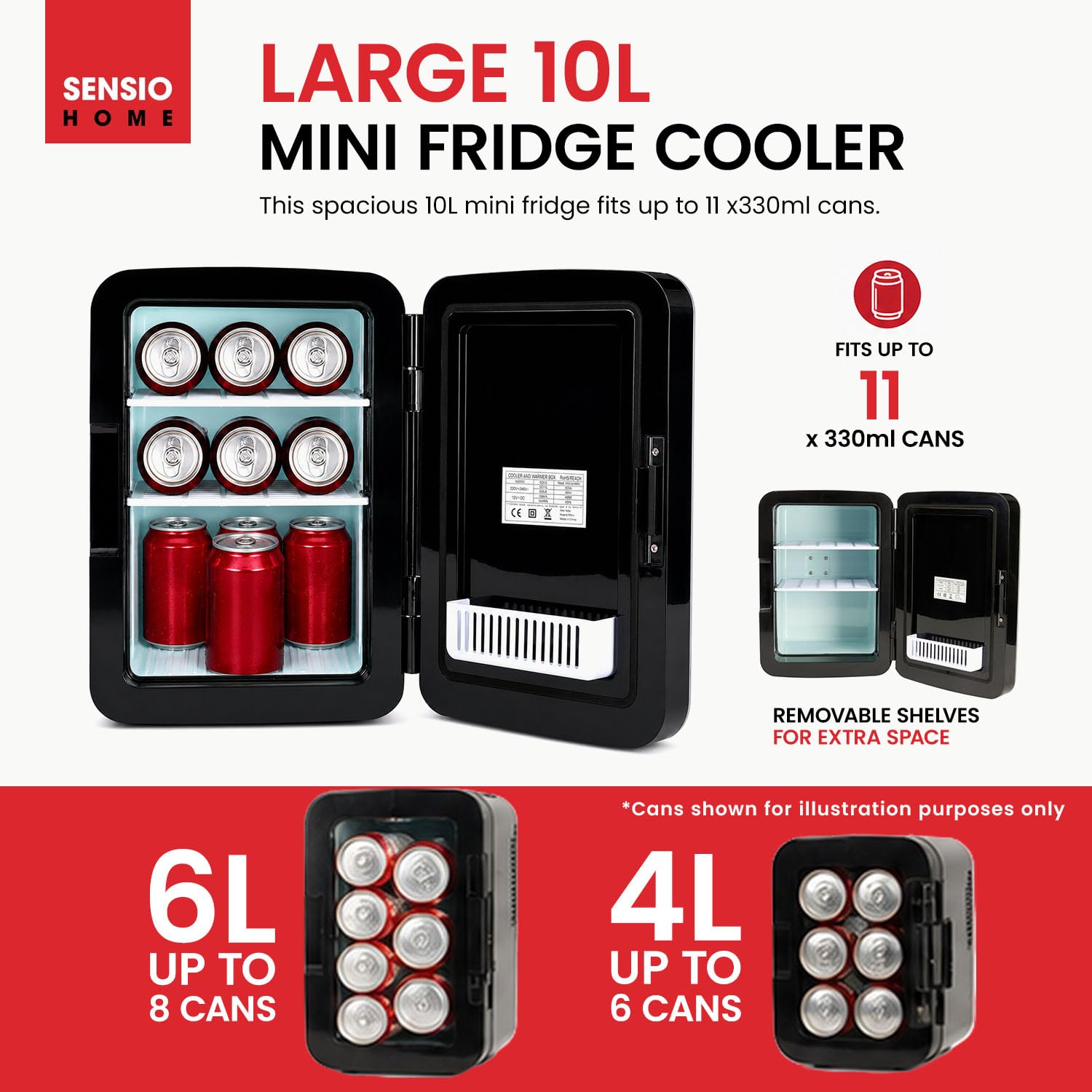 SENSIOHOME 2-in-1 10L Mini Kühlschrank, mit Kühl- und Heizen funktion, 12 Volt und 230 Volt, Autos, Schlafzimmer, Büros, Zelten, Kosmetik, AC DC (Schwarz)