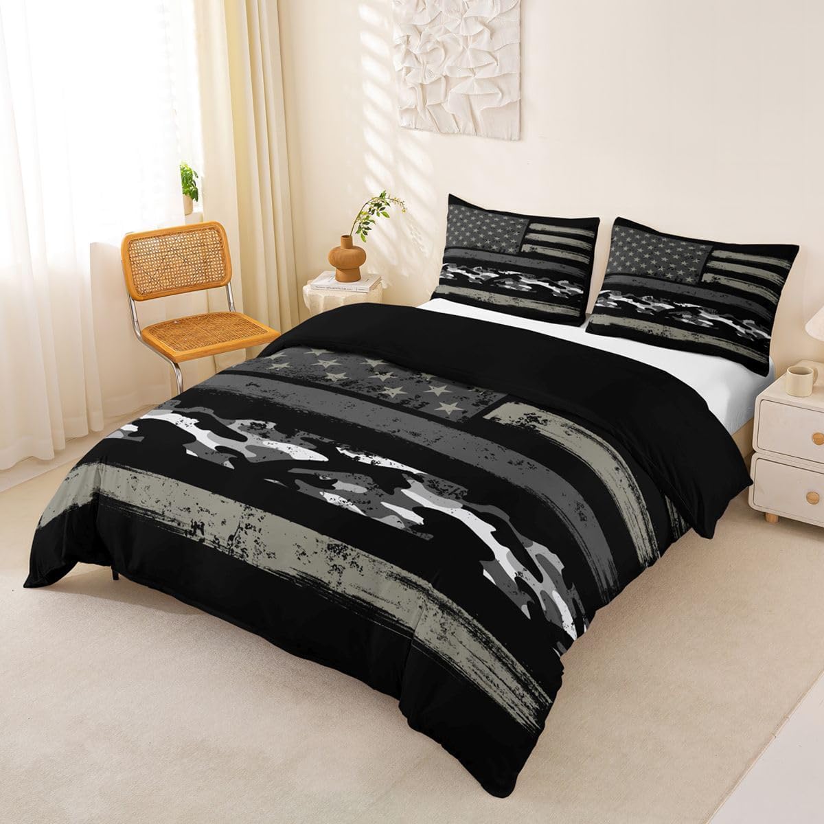 Feelyou American Flag Duvet Cover Queen Size Boys Girls Vintage Stars and Stripes Bedding Set Breathable Soft Independence Day Comforter Cover 3Pcs Gray Camouflage Bedroom DecorFourth of July 4